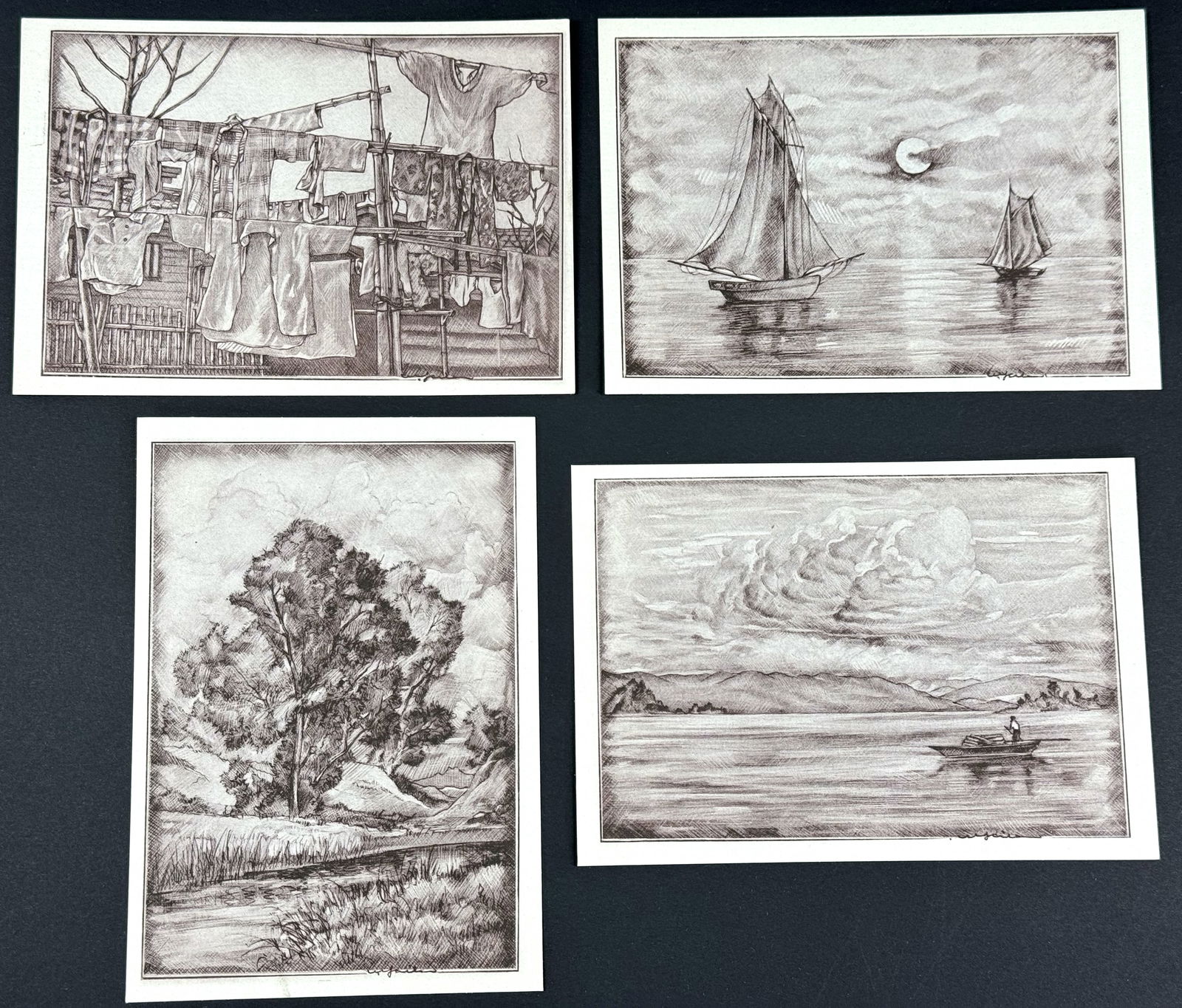 Vintage Japanese 50's Willy Seiler Art Postcards.Monday Morning,Moon Light,Thunder Clouds,The Brook (1 of 11)