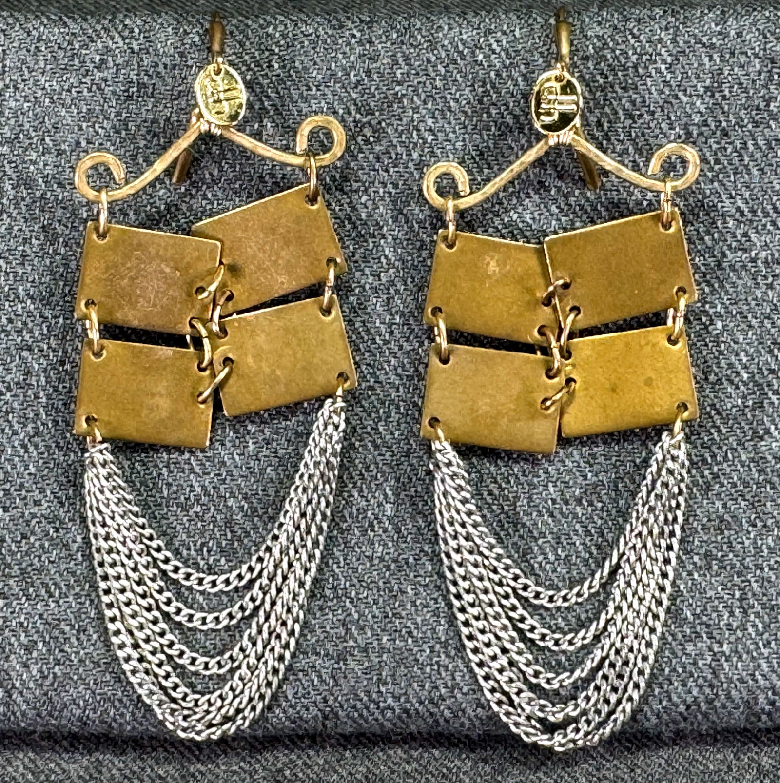 Vintage boho marked dh bronze panels silvertone chain fringe hook earrings (1 of 6)