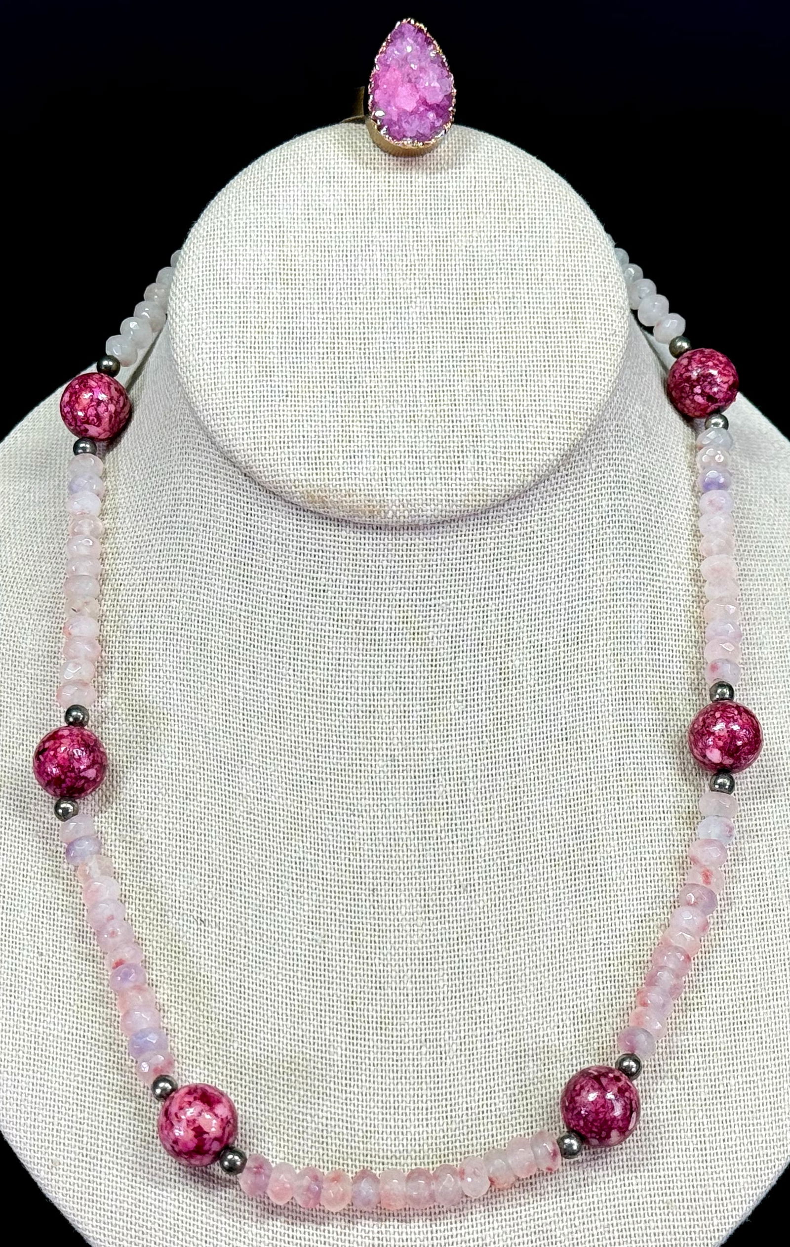 Boho rose faceted stone & raspberry stone beads necklace + agate druzy adjustable ring (1 of 12)