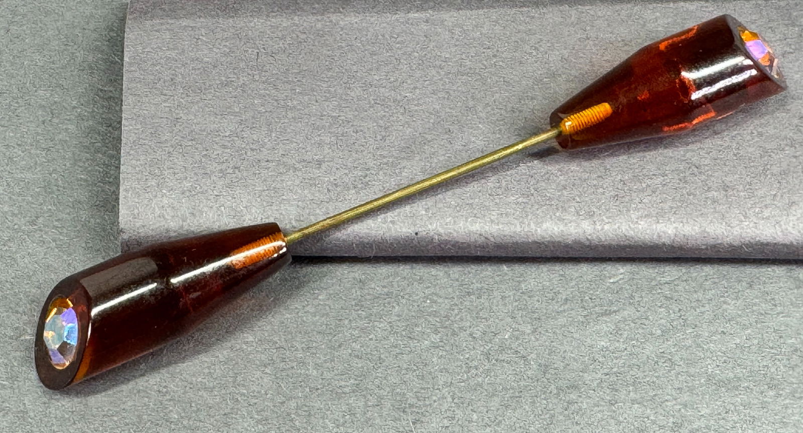 Vintage AB crystals marbled brown celluloid jabot pin. (1 of 7)