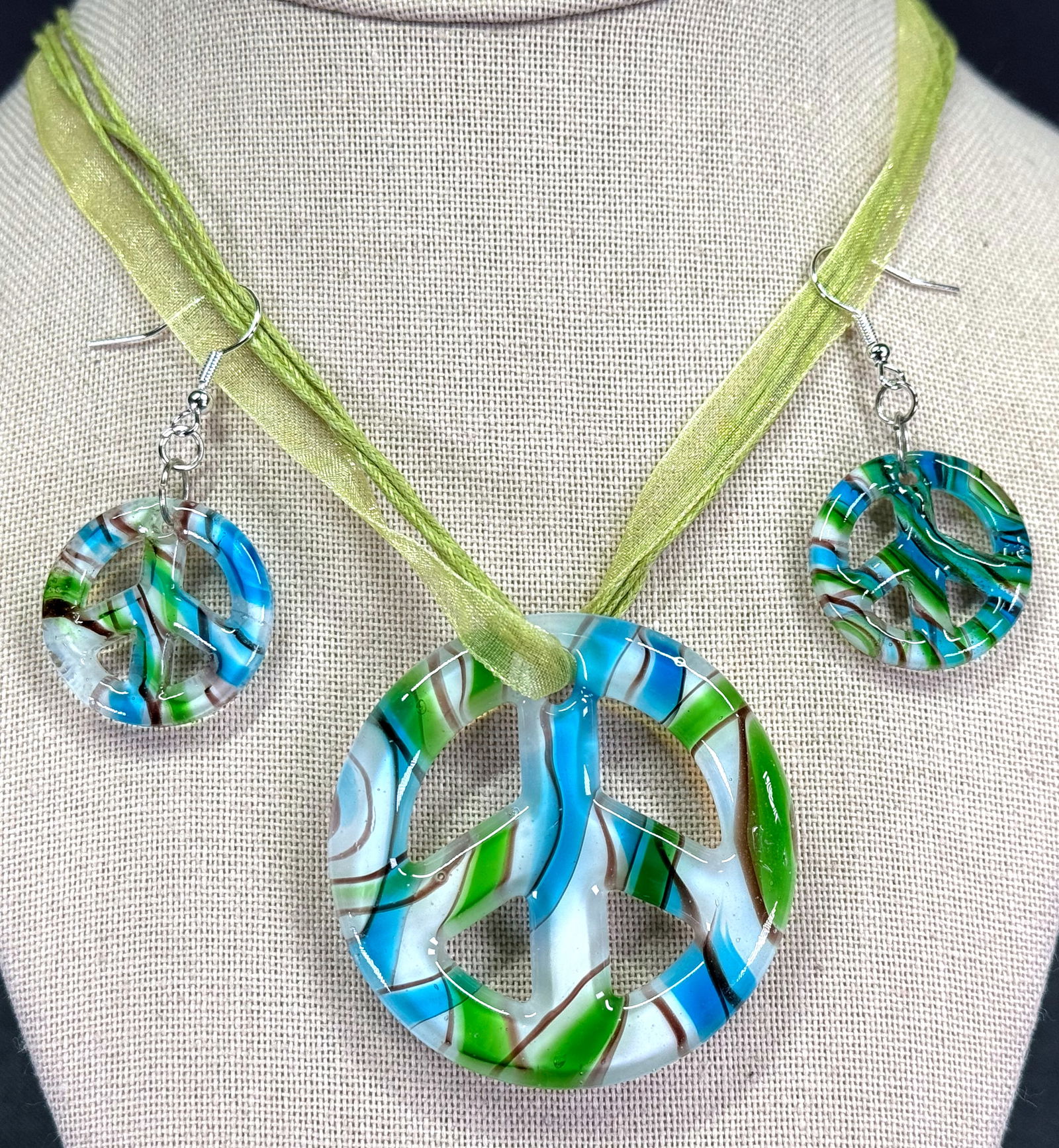 Glass Peace Sign necklace and hook earrings. Green ribbon & cord strap (1 of 5)