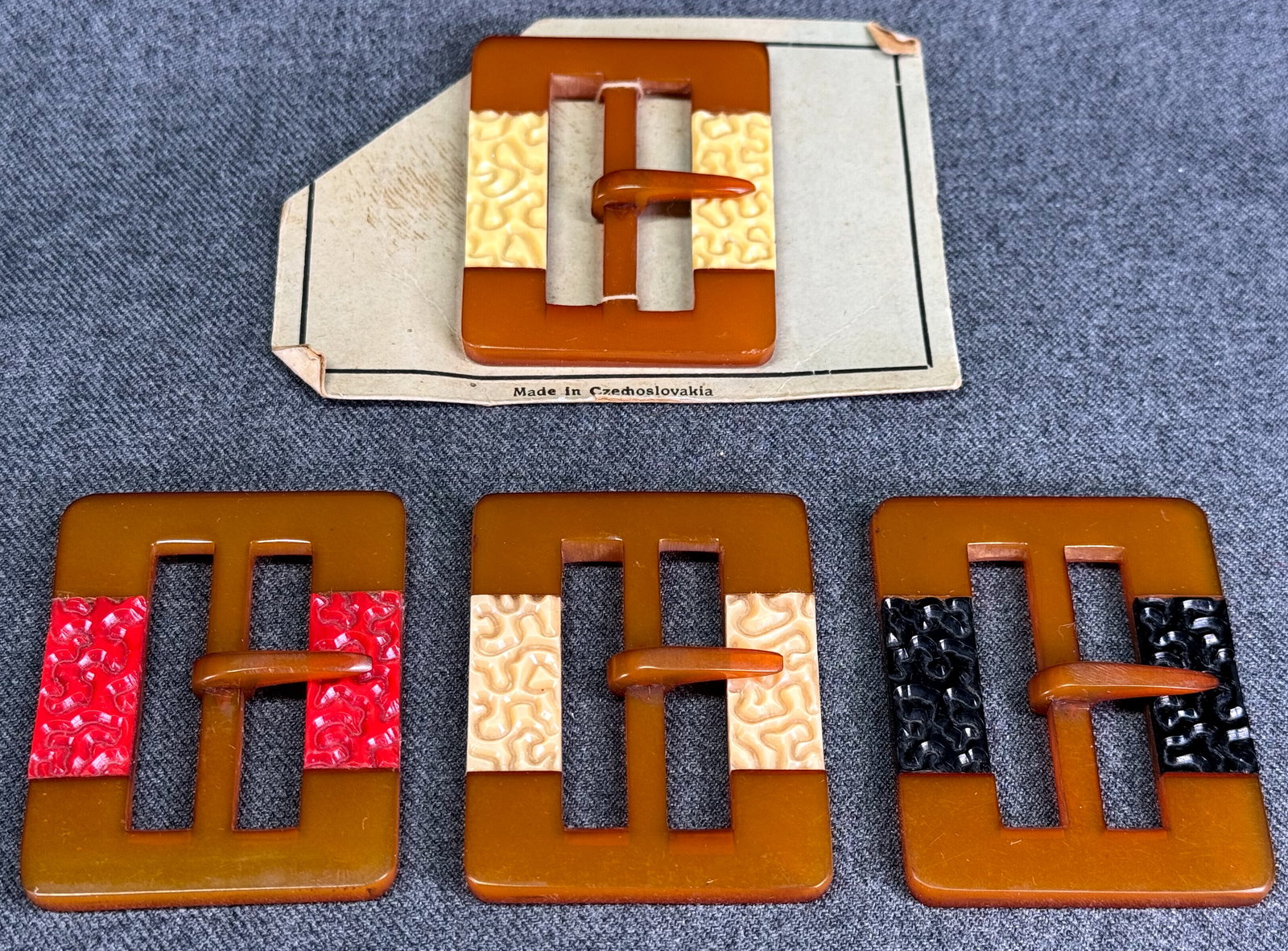 Vintage Czech art deco flapper inlaid color celluloid applejuice bakelite belt buckles. Lot of 4. (1 of 6)