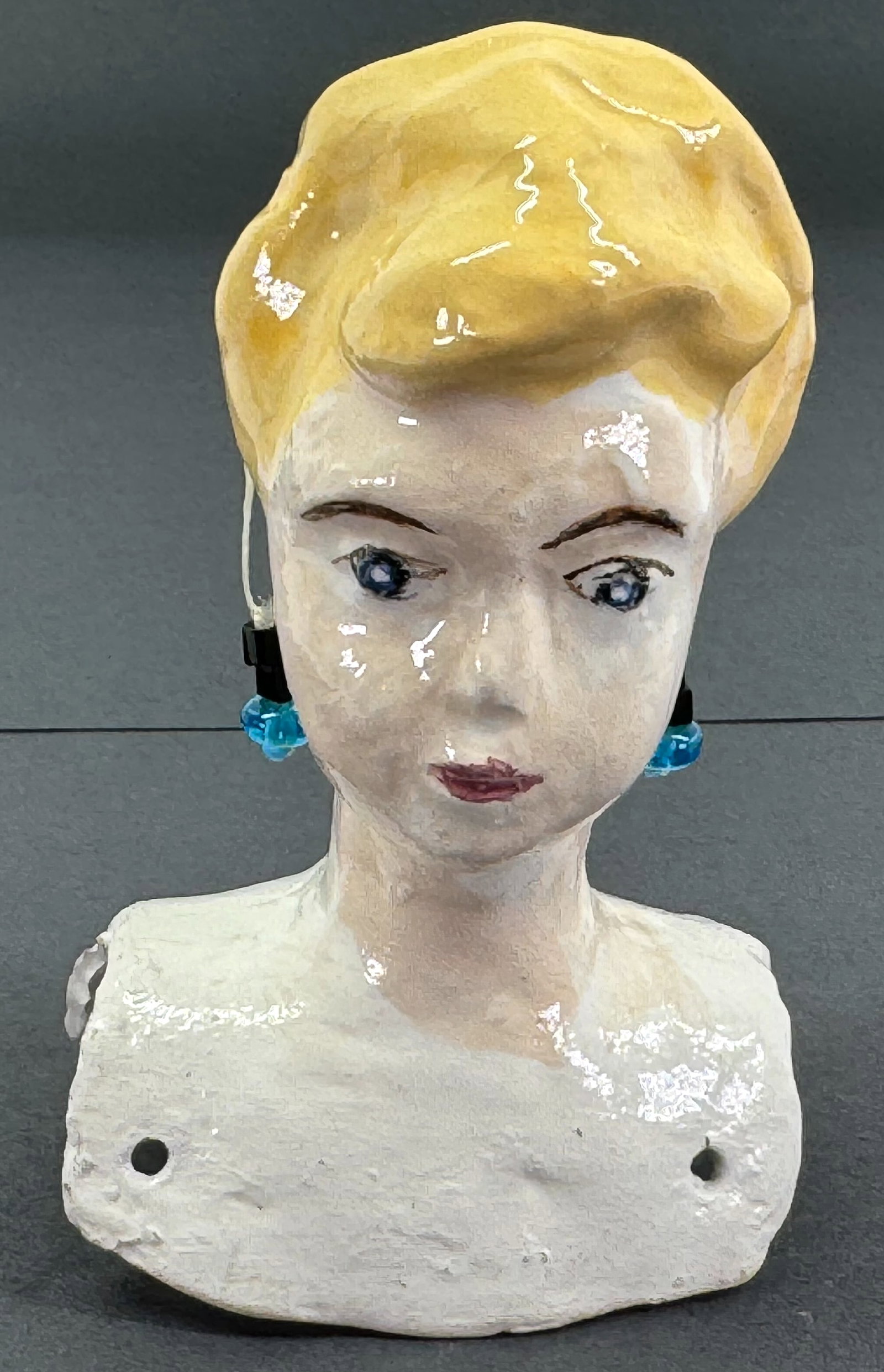 Vintage folk art artsy crafted pottery doll shoulder head with glass beads earrings. (1 of 9)