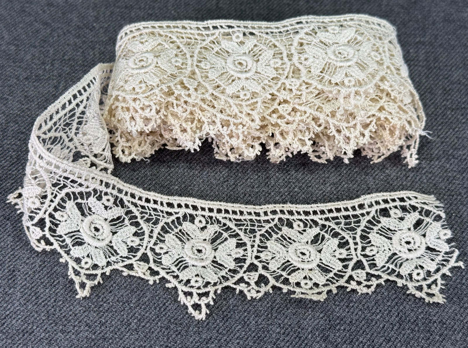 Antique Vintage flowers lace trim.: Antique flowers & leaves lace trim. 1 & 3/4 yards long. For measures please refer to the pictures taken with a measuring tape. IN HOUSE Estimated* shipping and handling cost within the U.S. : $7 We co
