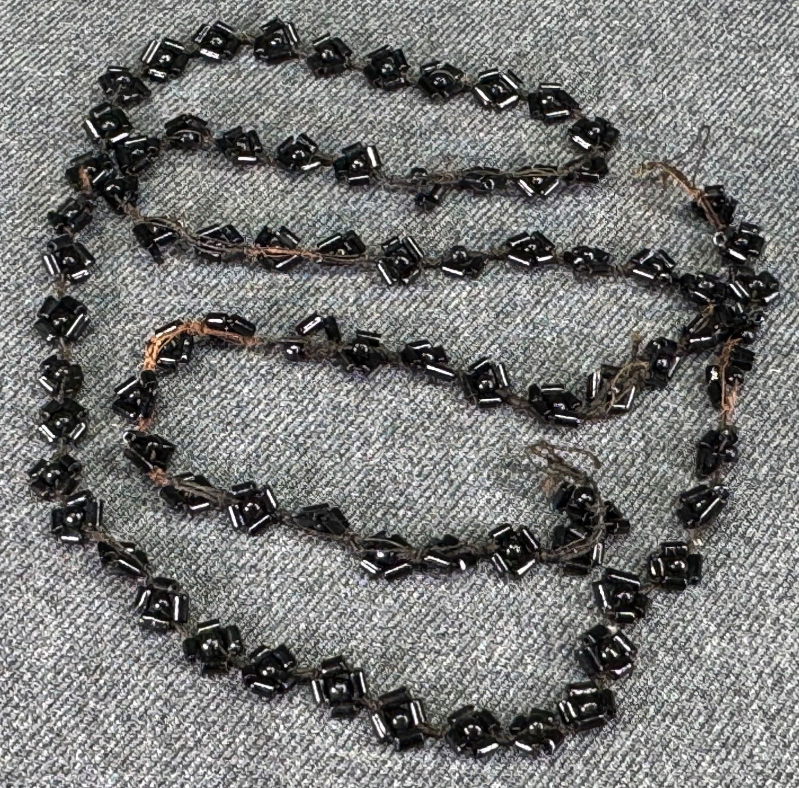 Antique Victorian mourning black glass beaded flowers trim (1 of 5)