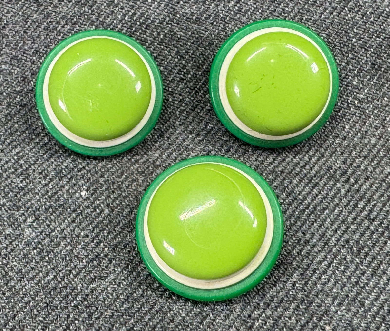 Vintage white stripe green plastic hat shaped buttons. Lot of 3 . Unused (1 of 4)