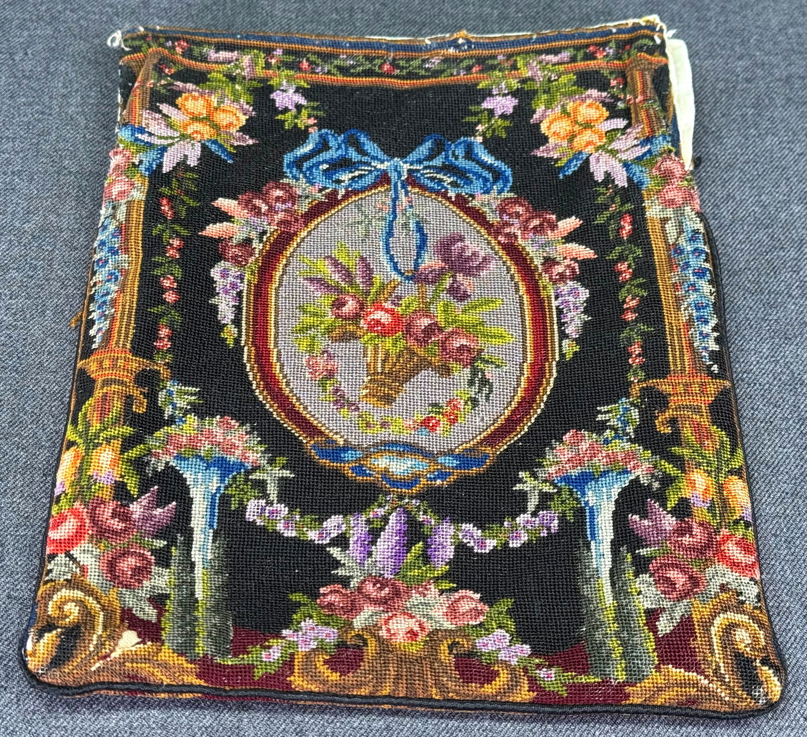 Vintage hand embroidery basket, garlands flowers, ribbons in bow petit point bag with no frame (1 of 12)