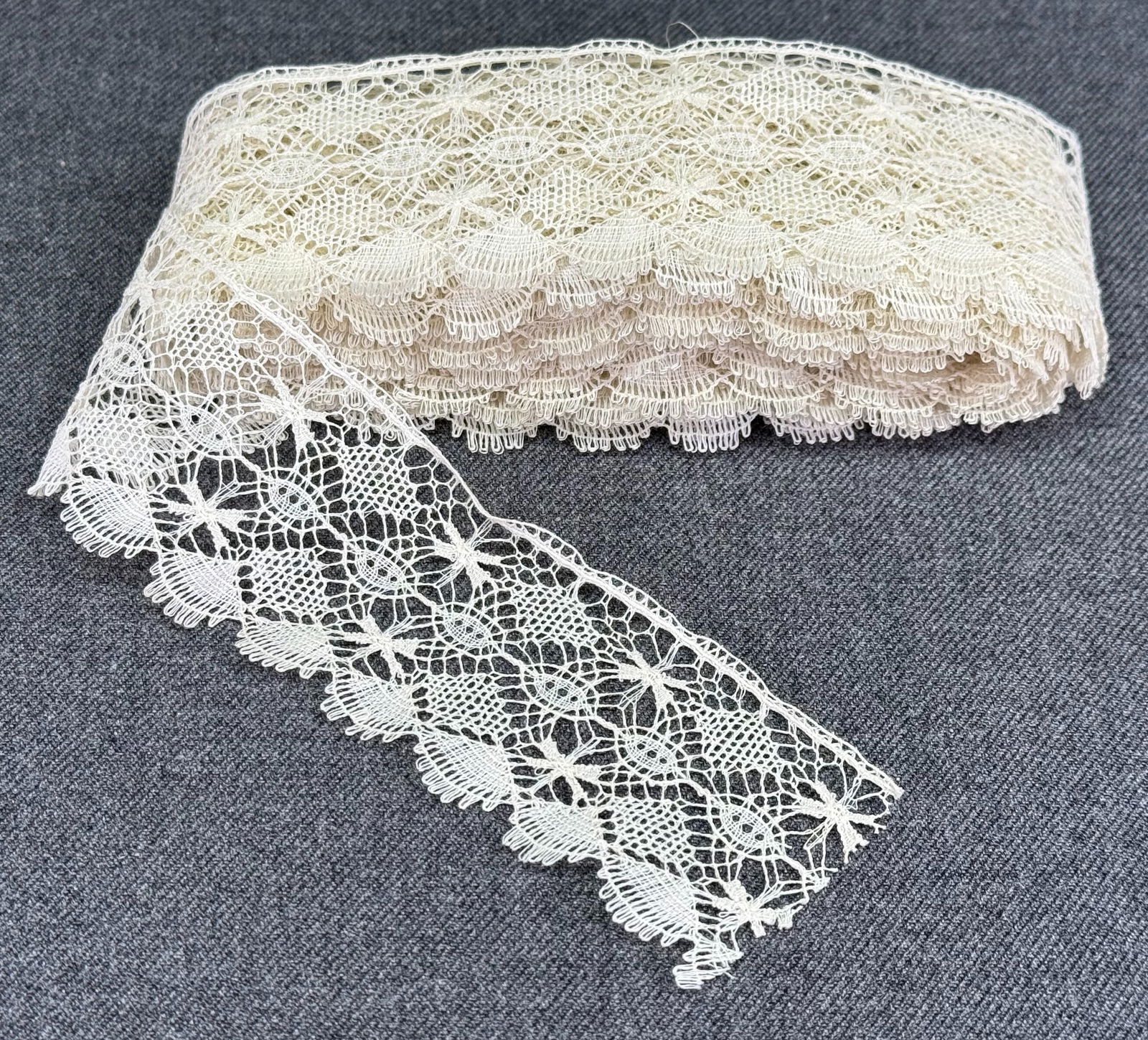 Vintage lace trim. Unused: Vintage lace trim. Unused. 3 & 1/2 yards long. For measures please refer to the pictures taken with a measuring tape. IN HOUSE Estimated* shipping and handling cost within the U.S. : $7 We combine shi