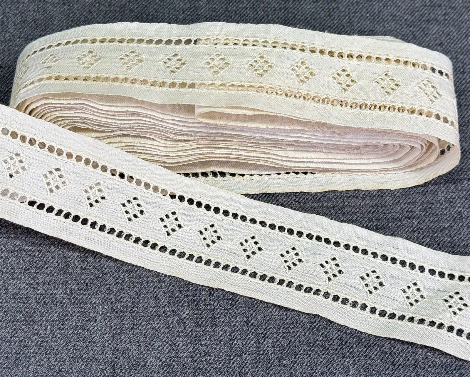 Vintage embroidery fabric lace trim. Unused: Vintage embroidery fabric lace trim. Unused. 5 yards long. For measures please refer to the pictures taken with a measuring tape. IN HOUSE Estimated* shipping and handling cost within the U.S. : $7 We
