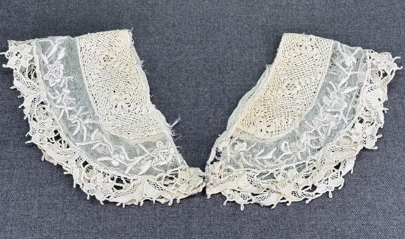 Antique Irish crochet flowers, embroidery tulle lace collar: Antique Irish crochet flowers, embroidery tulle lace collar. For measures please refer to the pictures taken with a measuring tape. IN HOUSE Estimated* shipping and handling cost within the U.S. : $7 