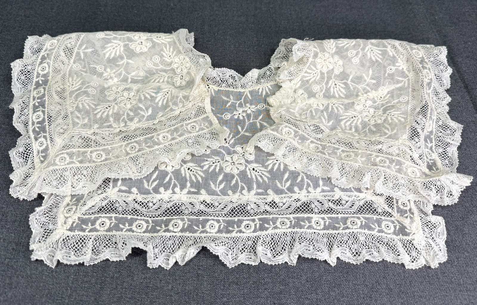 Vintage embroidery flowers fabric ruffles lace bib collar: Vintage embroidery flowers fabric ruffles lace bib collar. For measures please refer to the pictures taken with a measuring tape. IN HOUSE Estimated* shipping and handling cost within the U.S. : $7 We