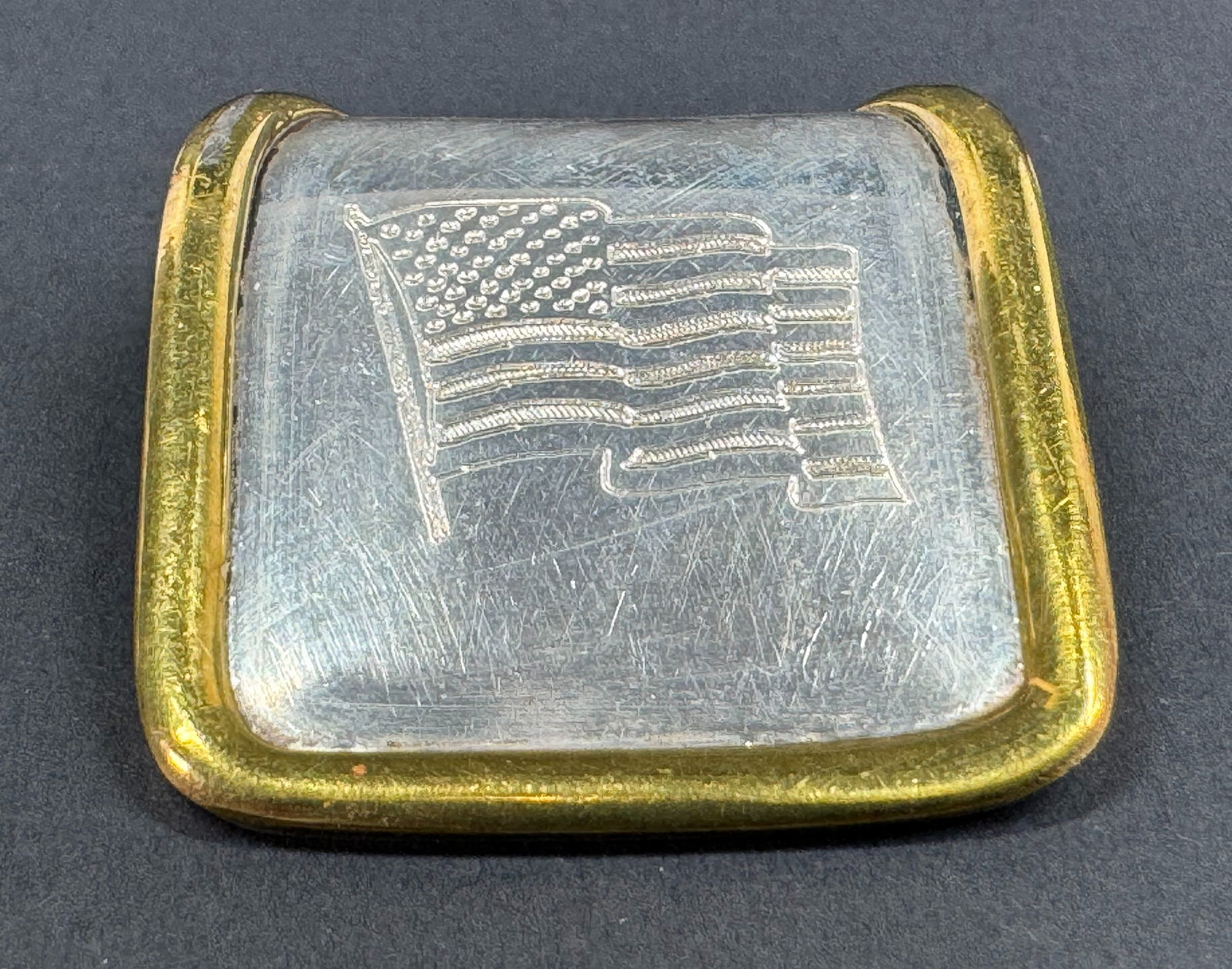 Vintage engraved USA American Flag sterling silver bronze rim scarf slide. Marked 925.   For (1 of 10)