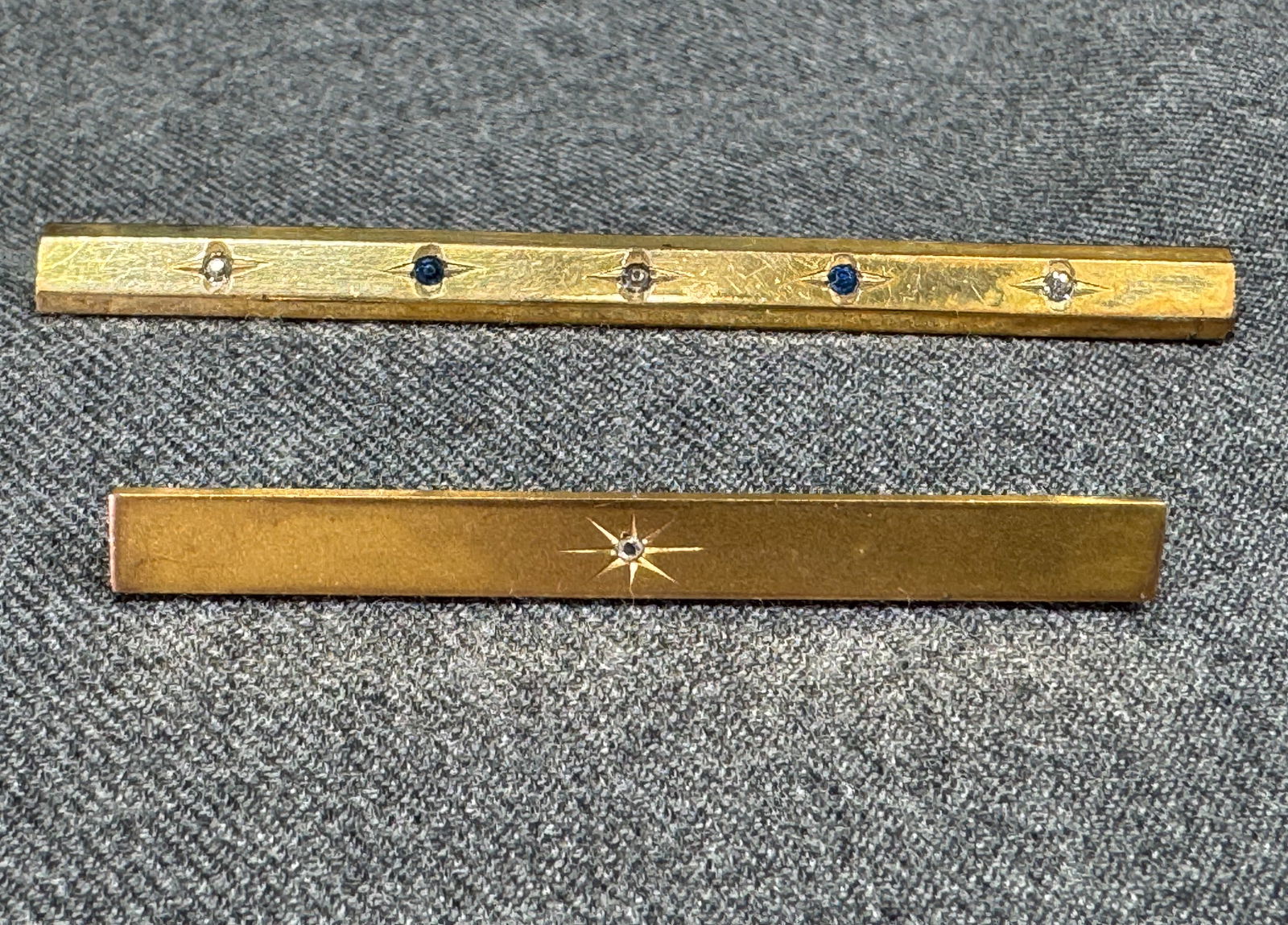 Vintage WR blue & clear crystals gold filled & FBCo diamond gold plated star barrette brooches (1 of 6)