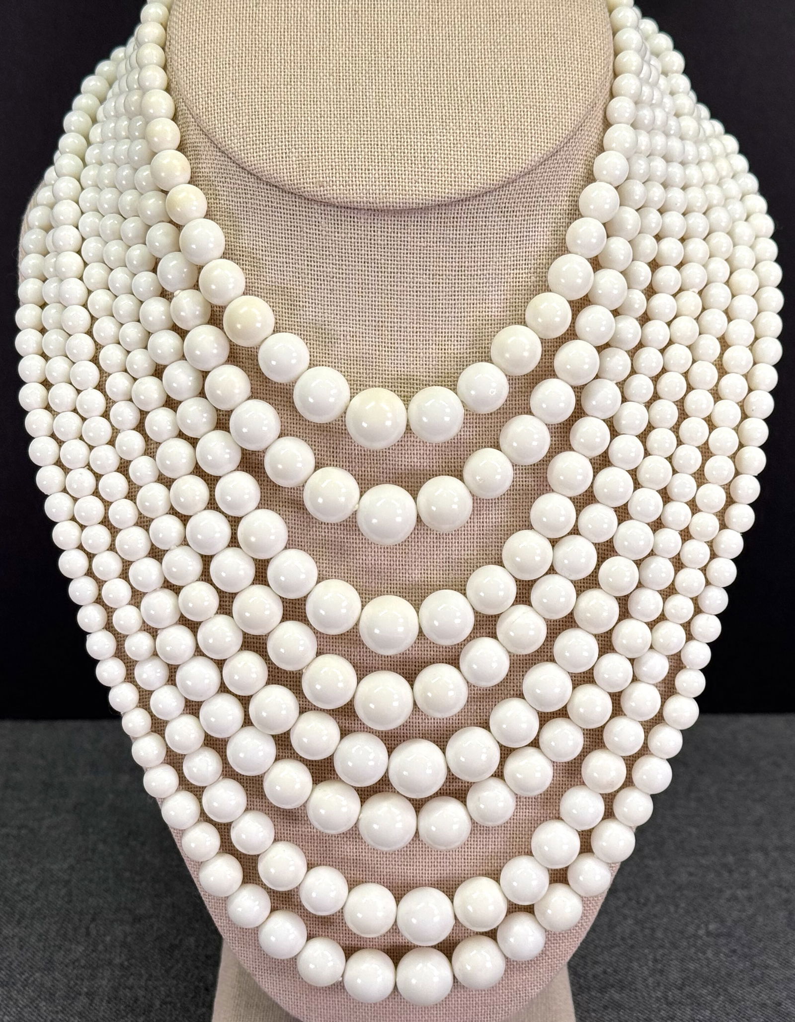 Vintage Hong Kong graduated white plastic beads 8 strands bib necklace (1 of 4)