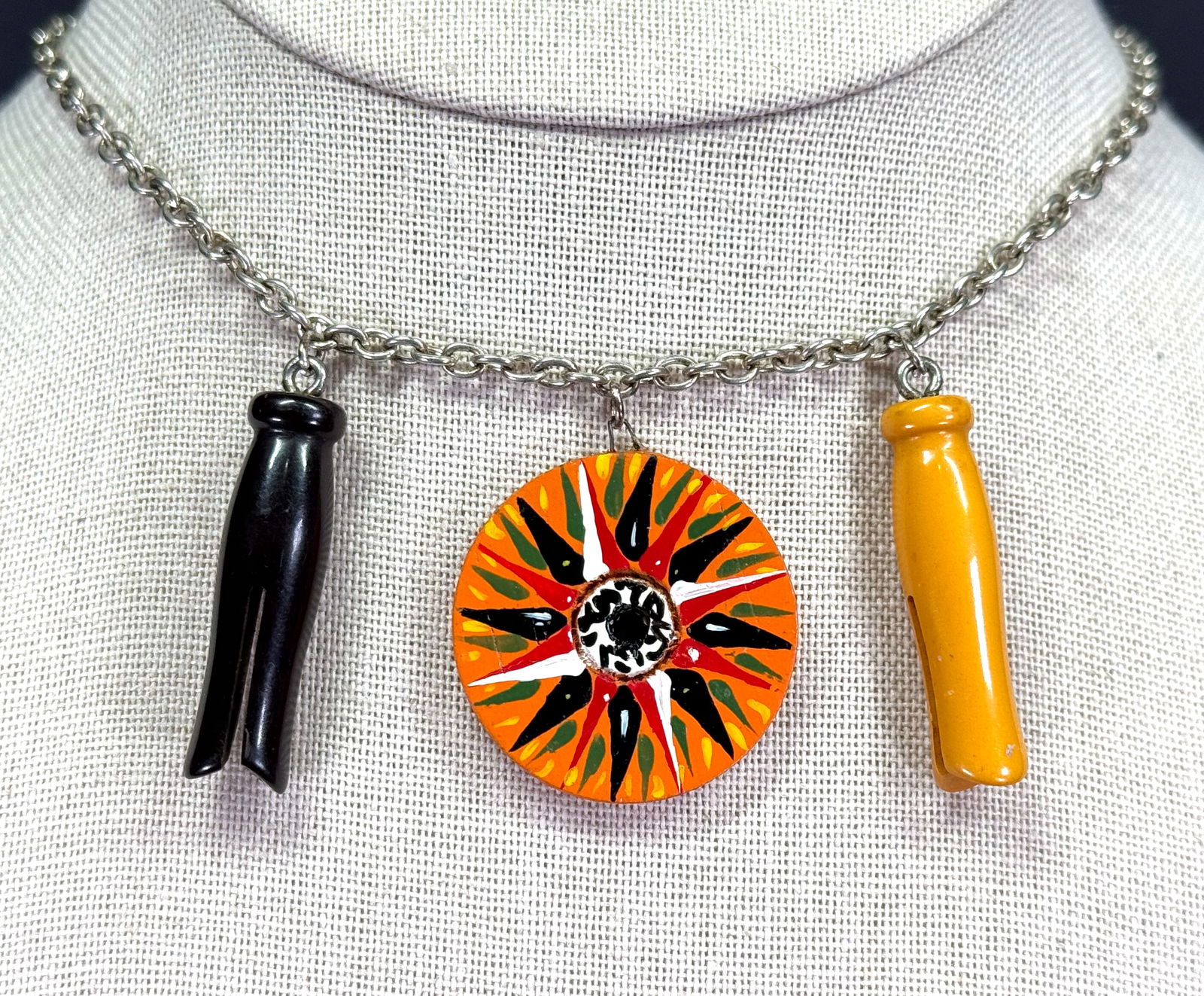 Vintage black crystal painted wooden medallion & bakelite (tested) dangles chain necklace (1 of 7)