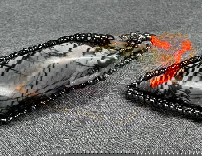 Vintage artist handcrafted Picasso Jasper, coral, baroque pearl, glass beads big pin brooch: Vintage artist handcrafted Picasso Jasper, coral, baroque pearl, glass beads big pin brooch. Back lined in leather. Unmarked. For measures please refer to the pictures taken with a measuring tape. Wei