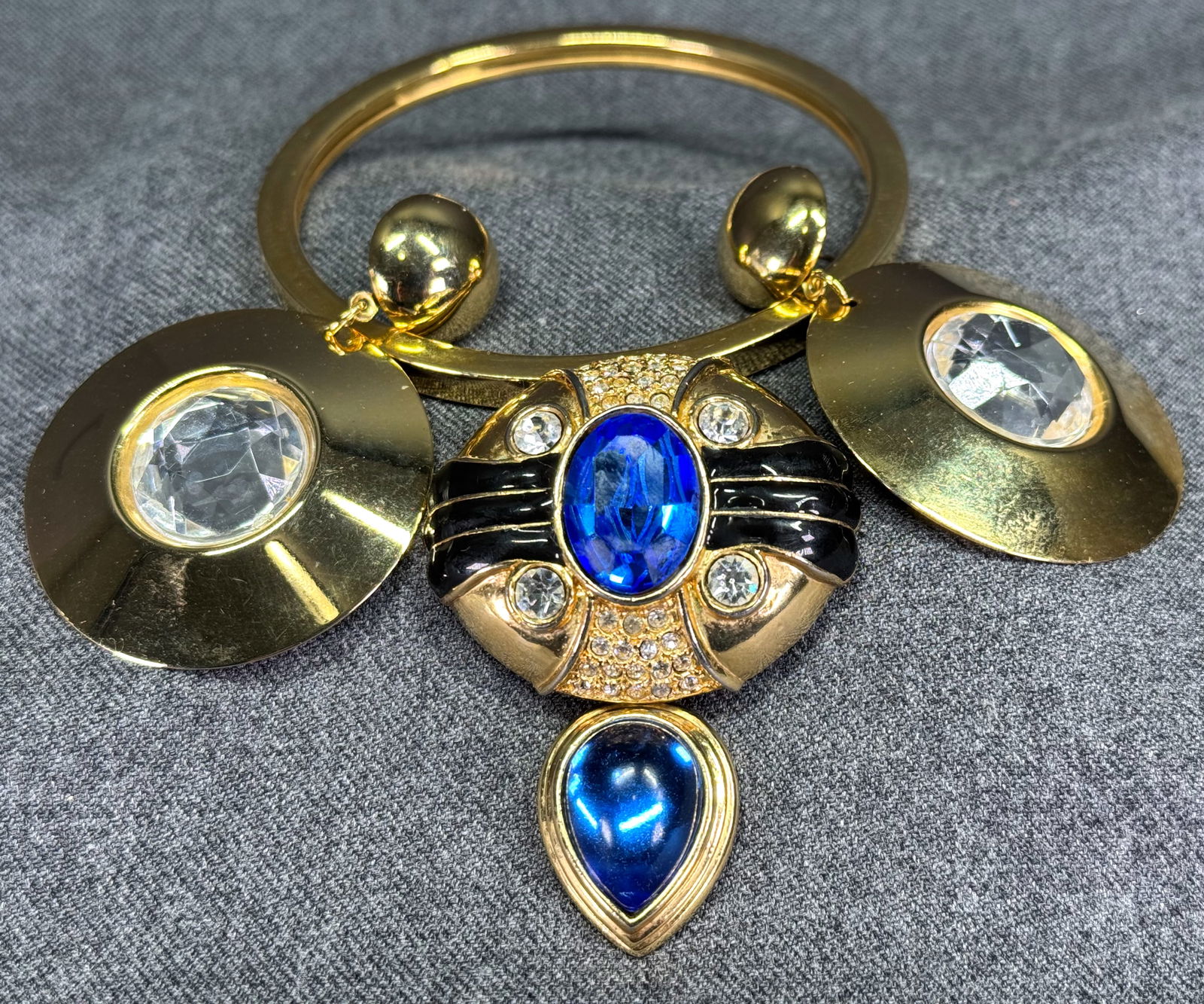 Vintage 80s goldtone jeweled stud earrings, enamel devant de corsage brooch & plain bracelet (1 of 8)