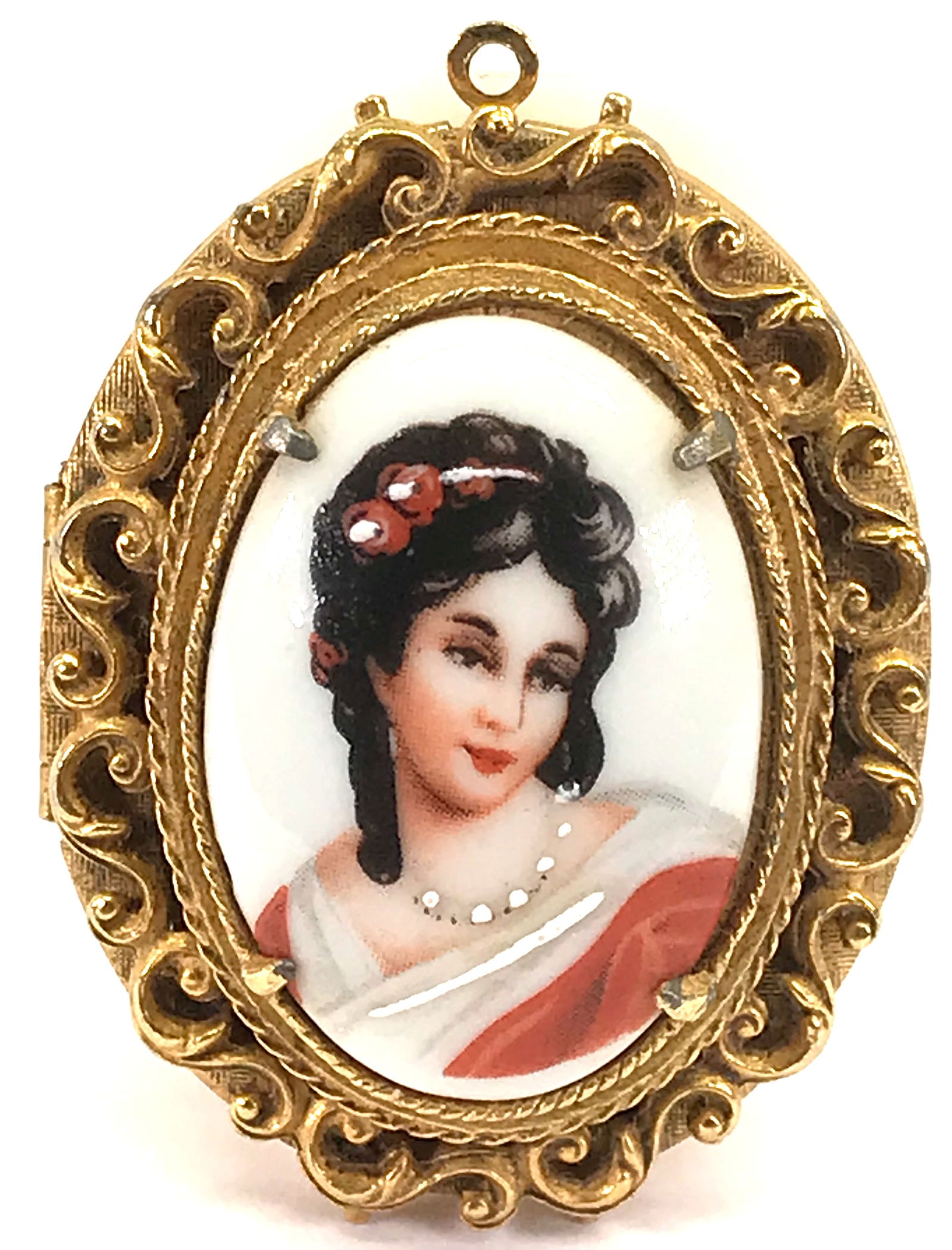 Vintage portrait with hand painted white accents porcelain plaque goldtone locket pendant.: Vintage porcelain portrait with hand painted white accents goldtone metal locket pendant. Unmarked For measures please refer to the picture taken with a measuring tape. Weight: 31 Grams. This is a NO