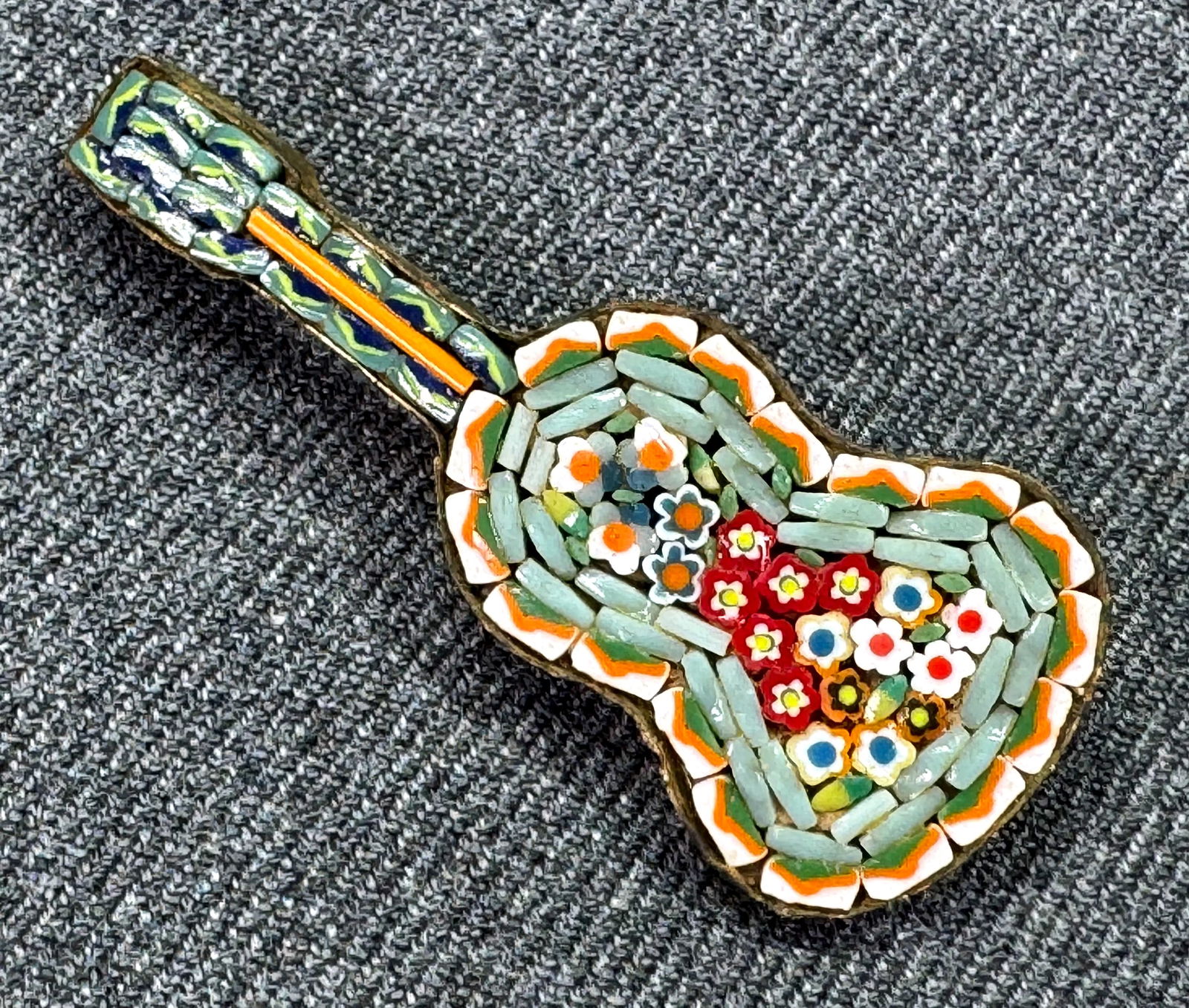 Vintage Italian micromosaic flowers goldtone metal guitar pin brooch. Marked (1 of 6)