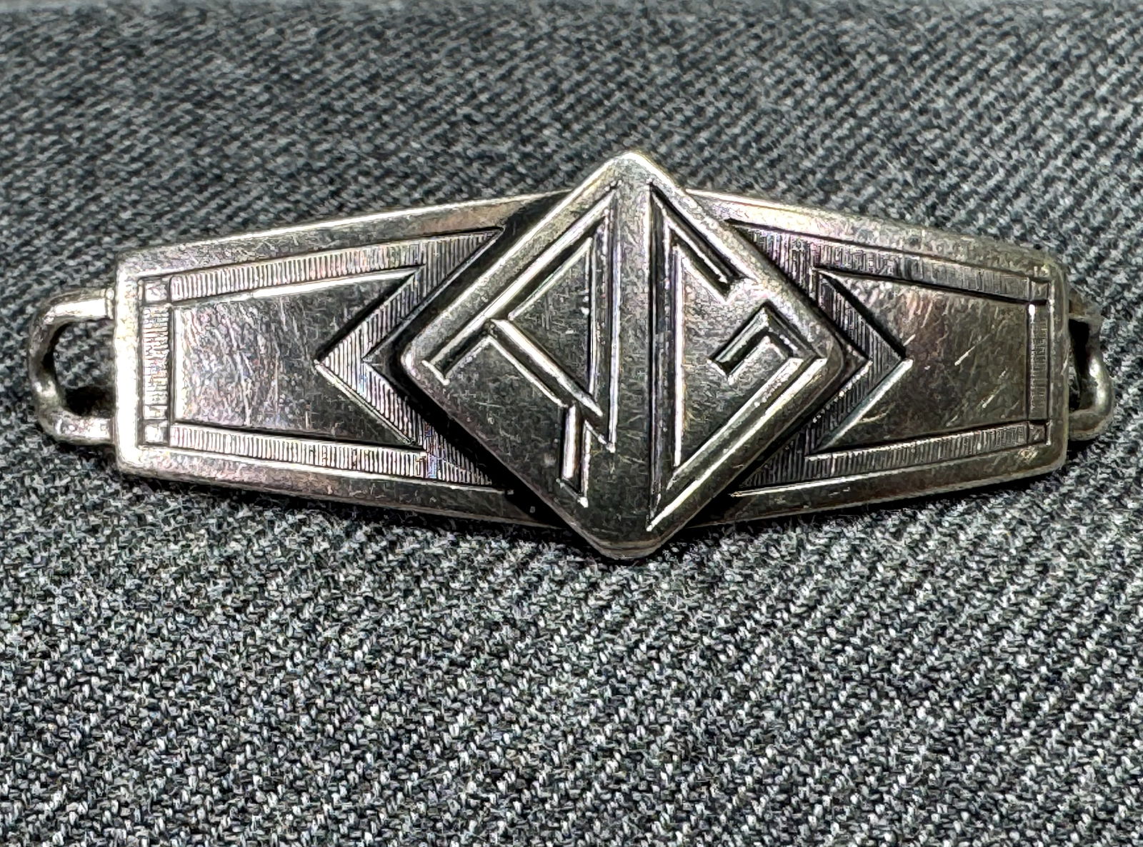 Antique art deco sterling sweetheart WWII bracelet's medallion "Return to my love..."  RG monogram (1 of 6)