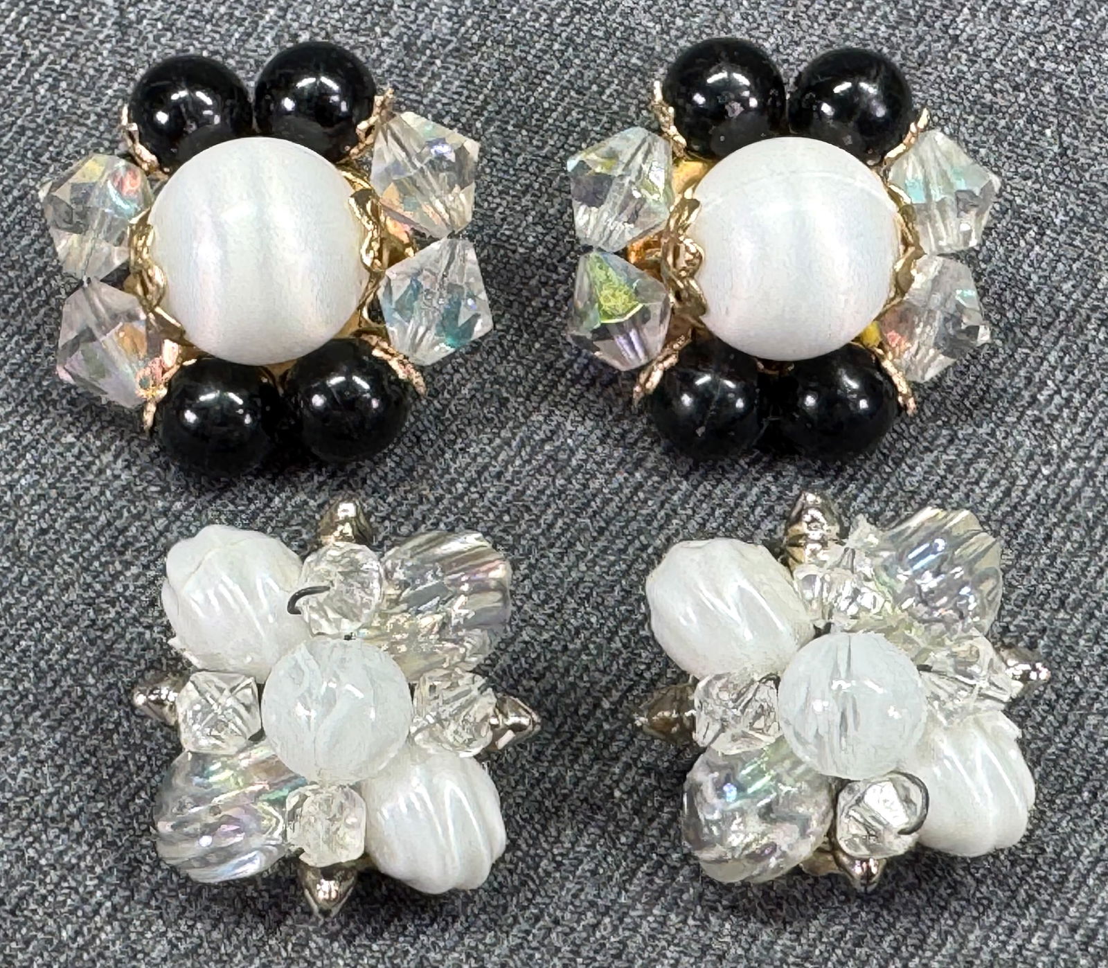 Vintage assorted plastic and crystal beaded flower clip earrings.: Vintage assorted plastic and crystal beaded flower clip earrings. Unmarked. For measures please refer to the pictures taken with a measuring tape. Weight: 20 Grams. IN HOUSE Estimated* shipping and ha