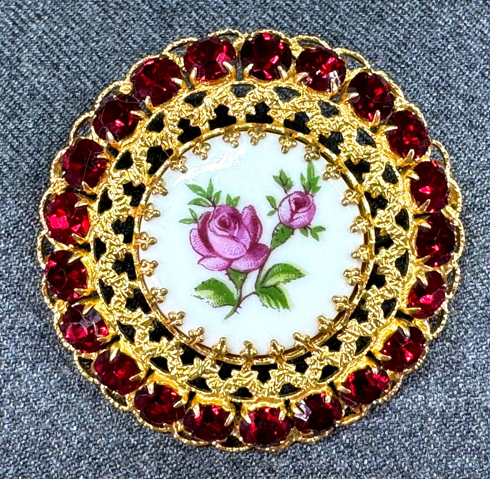 Vintage rose boquet porcelain with ruby red crystals frame filigree goldtone rounded pin brooch (1 of 7)