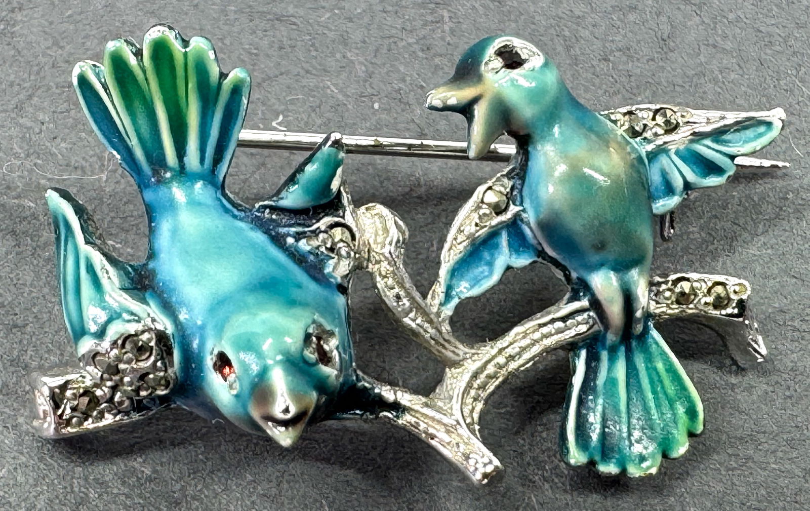 Vintage red crystal eyes marcasites enameled metal loving birds on a branch pin brooch. (1 of 6)