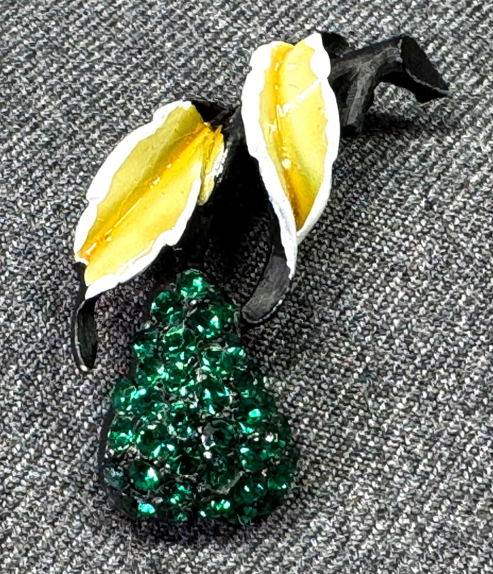 Vintage JJ Jonette pear green crystals enamel japanned metal pin brooch (1 of 8)