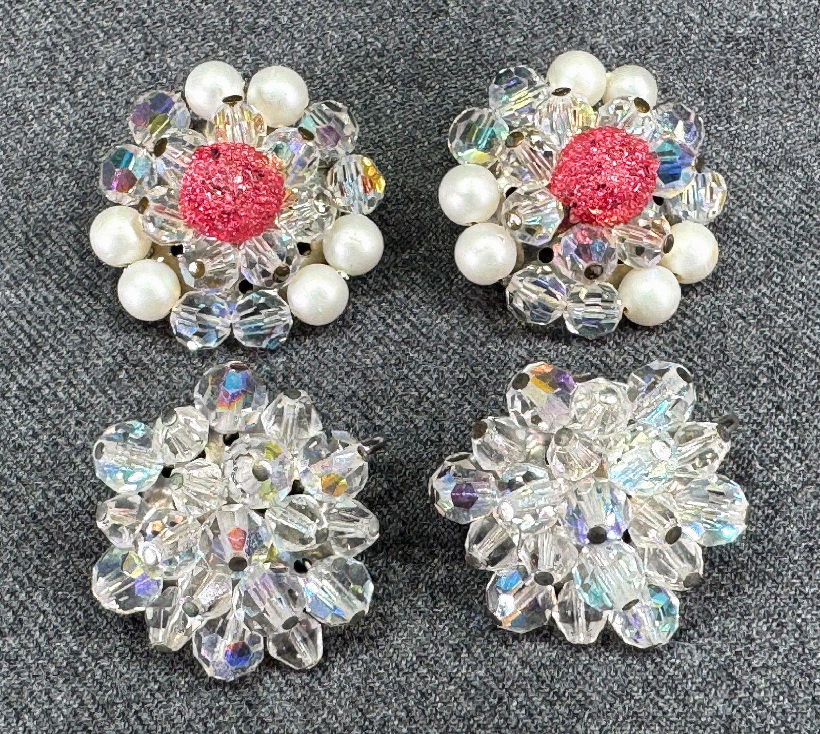 Vintage faceted AB crystals & sugar & pearly beads silvertone metal clip on earrings: Vintage faceted AB crystals and sugar & pearly beads silvertone metal clip on earrings. Unmarked. For measures please refer to the pictures taken with a measuring tape. Weight: 34 Grams. IN HOUSE Esti