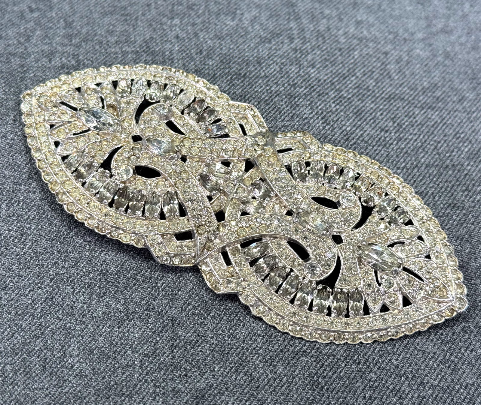 Antique art deco clear crystals silvertone metal huge pin brooch.  4 1/2 inches (1 of 10)