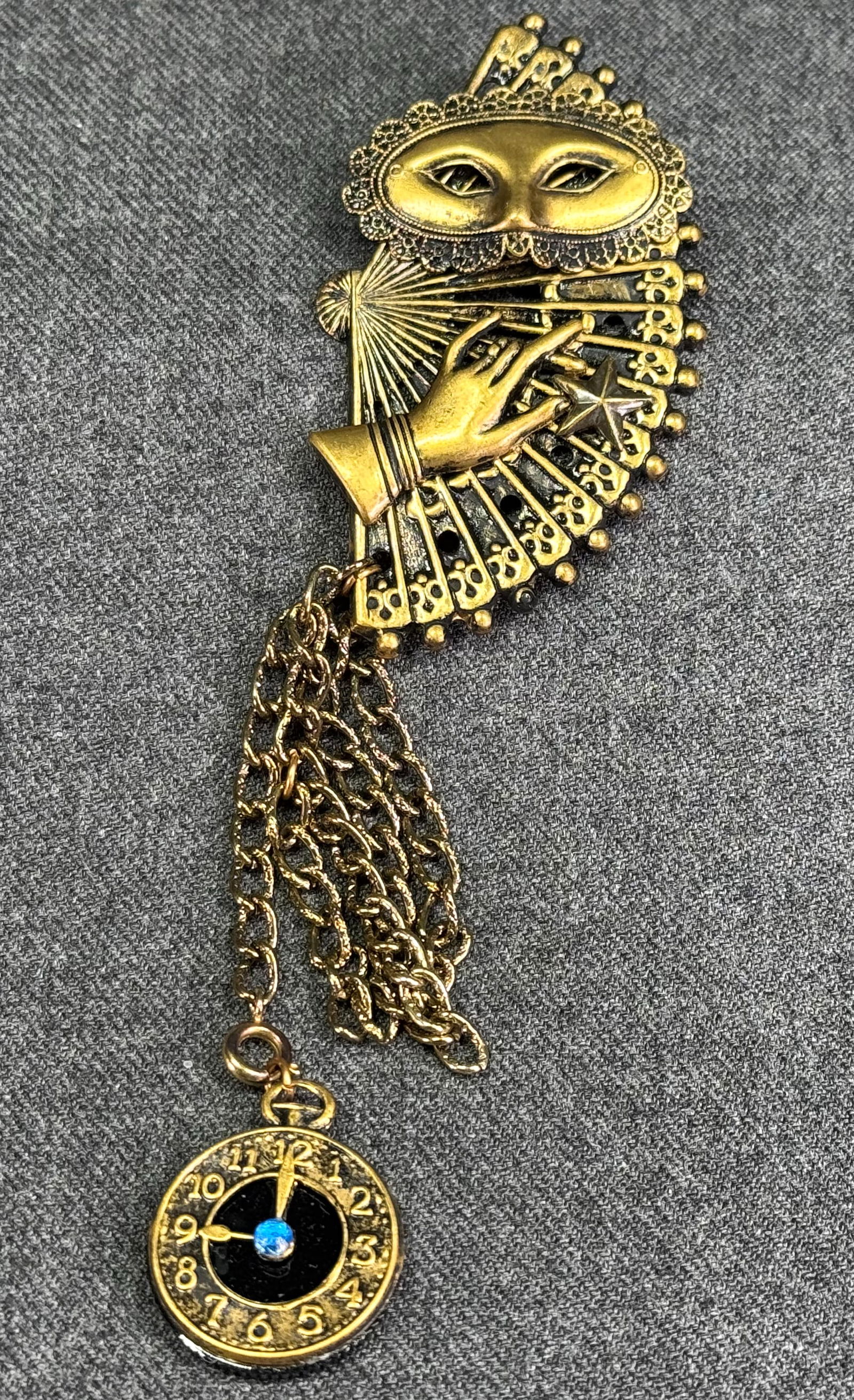 Vintage carnival mask with clock dangle bronze color pin brooch (1 of 7)