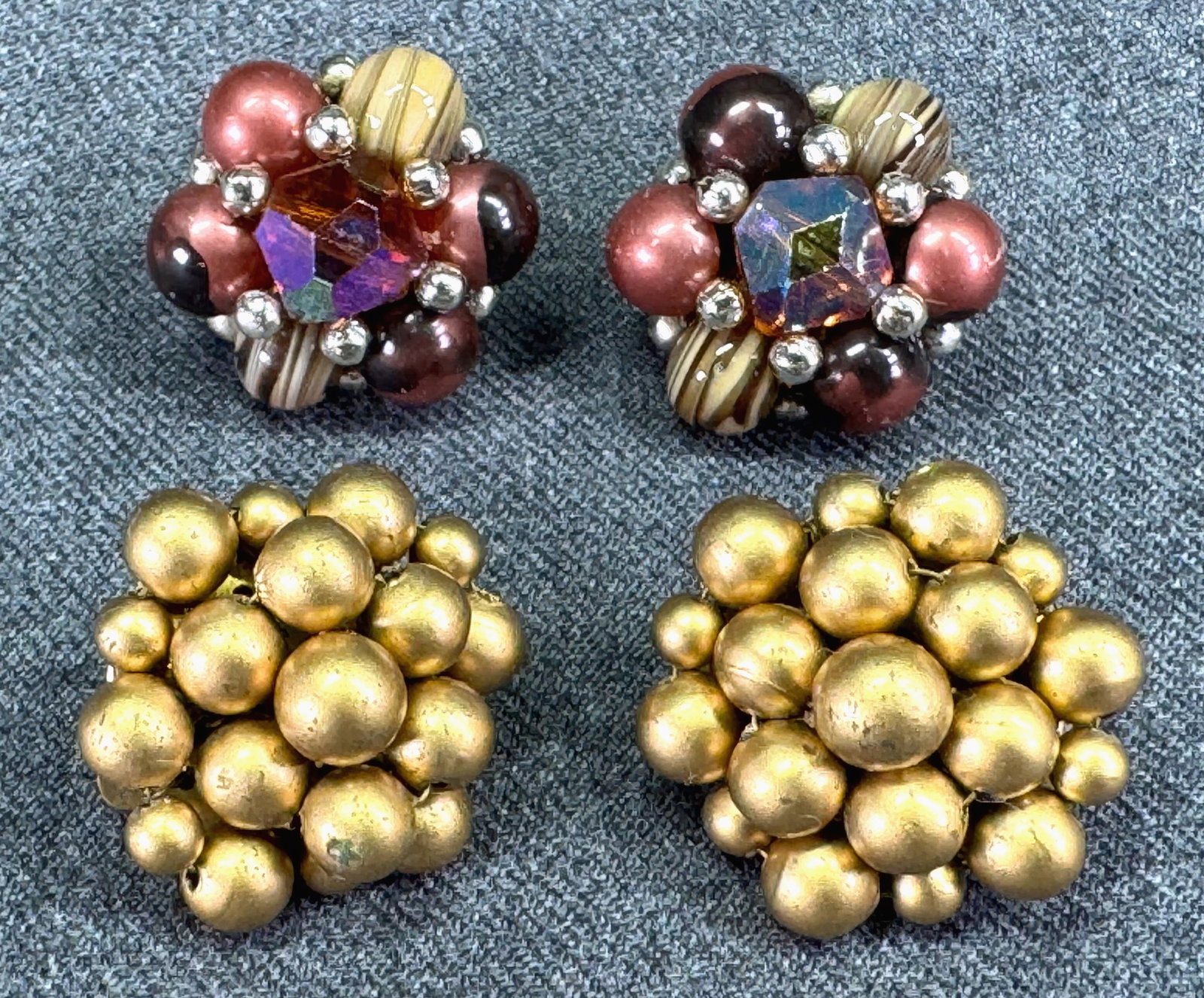 Vintage marked Japan golden pearly & pearly and AB crystals beads goldtone metal clip on earrings: Vintage marked Japan golden pearly & pearly and AB crystals beads goldtone metal clip on earrings. For measures please refer to the pictures taken with a measuring tape. Weight: 21 Grams. IN HOUSE Est