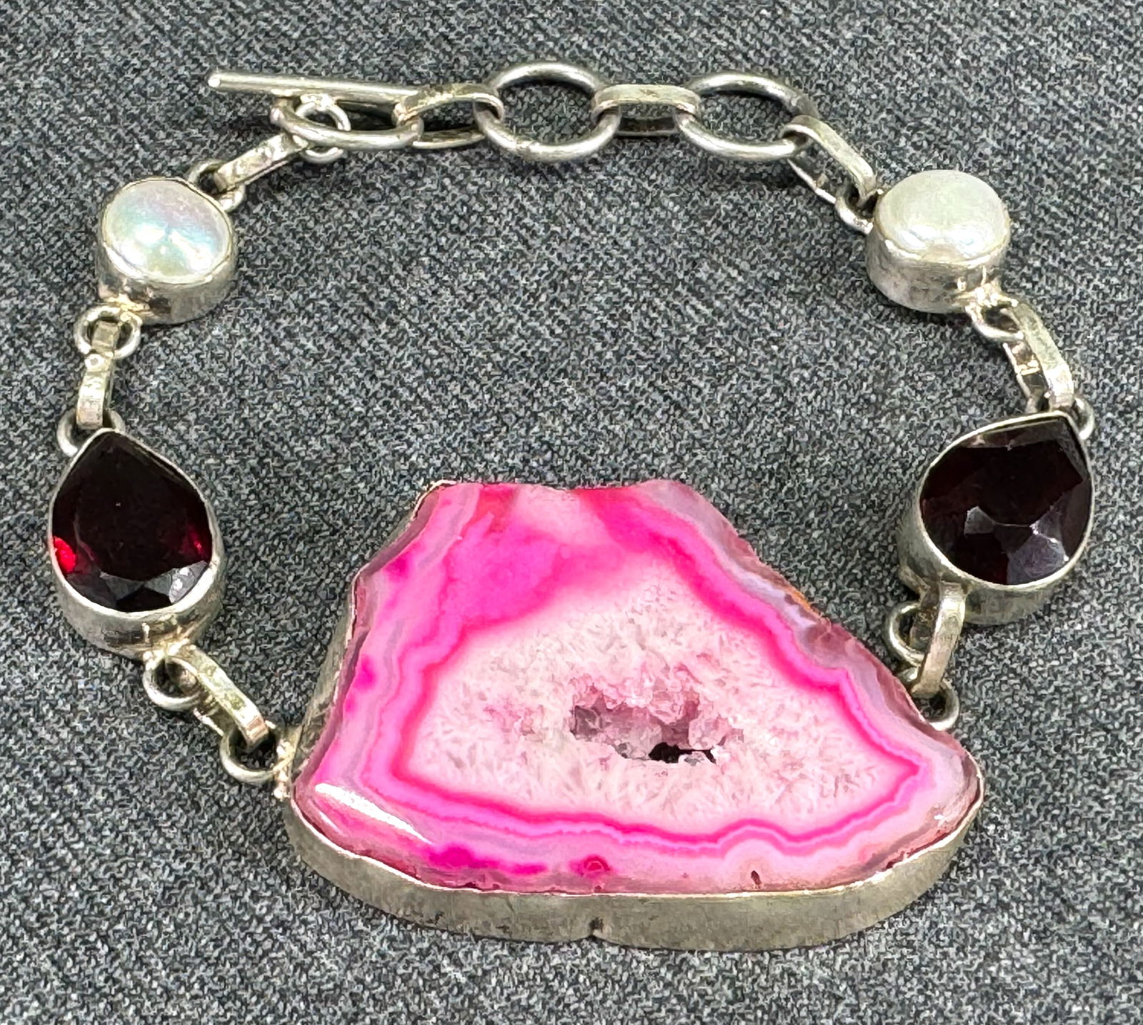 Vintage faux pearls, crystals & agate geode sterling silver bracelet (1 of 9)