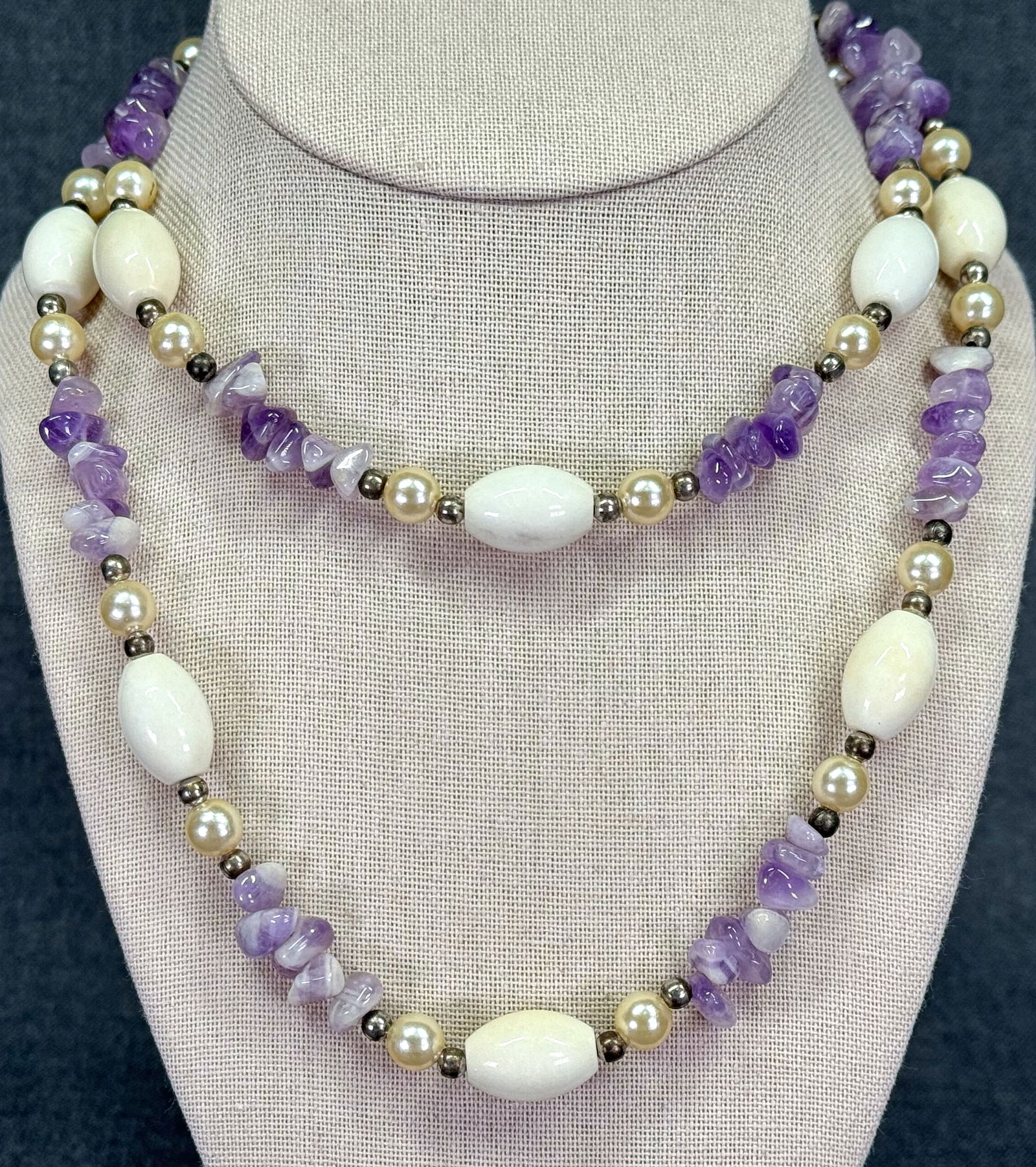 Vintage 80s amethyst chips, silver, resin & pearly beaded necklace (1 of 7)