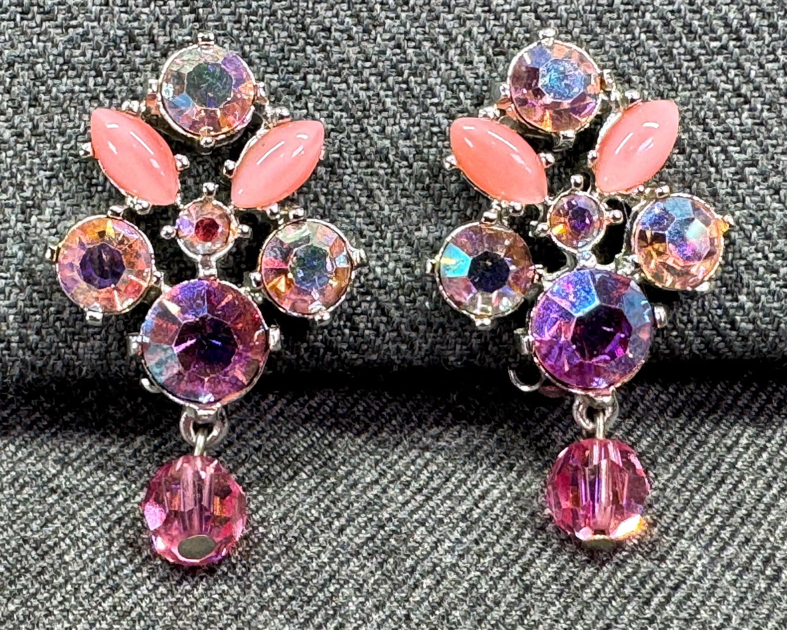 Vintage rose cabs & AB  crystals silvertoned  metal clip earrings with dangle (1 of 5)