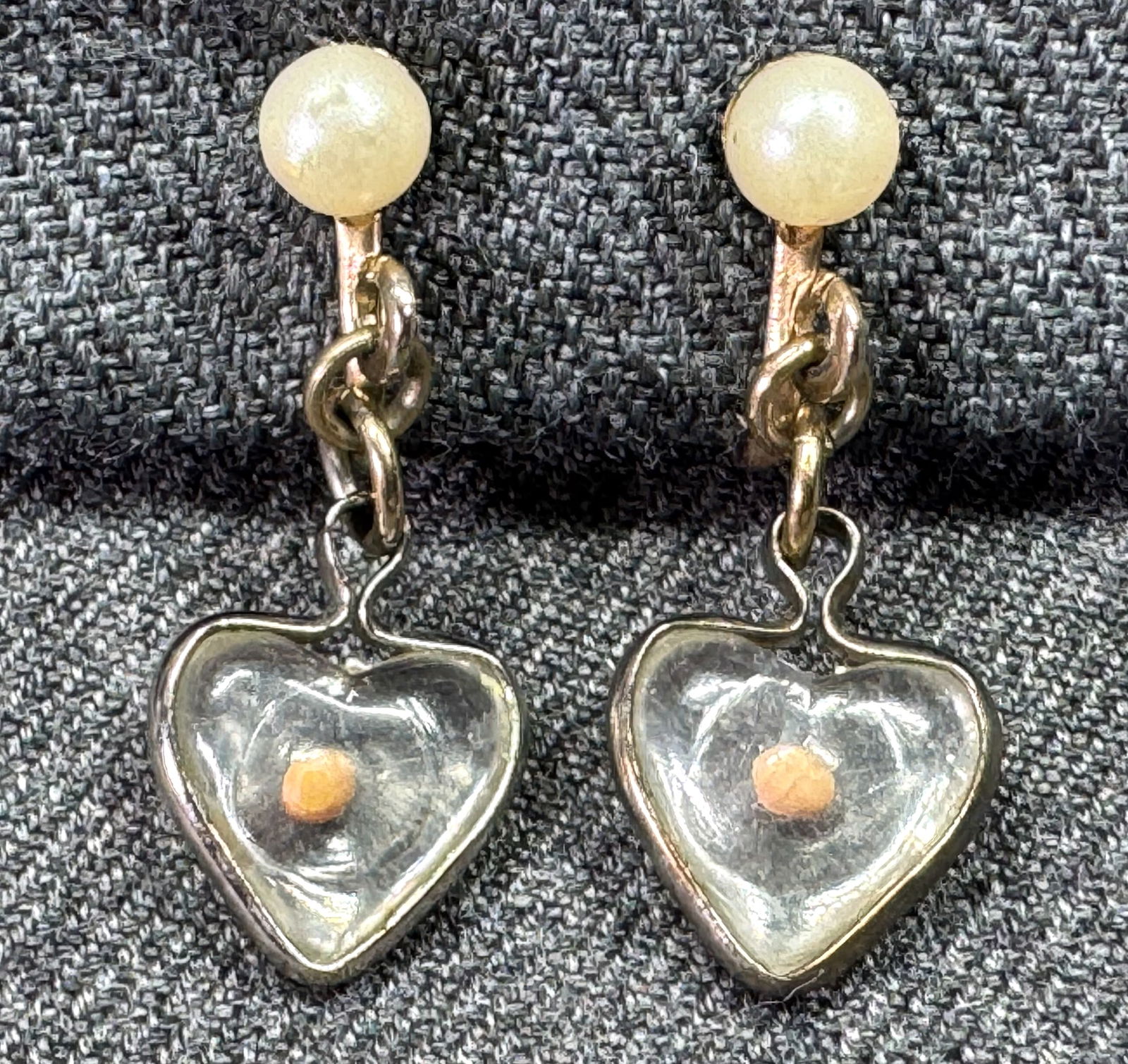 Vintage mustard seed encased clear resin heart dangle screw back earrings (1 of 4)