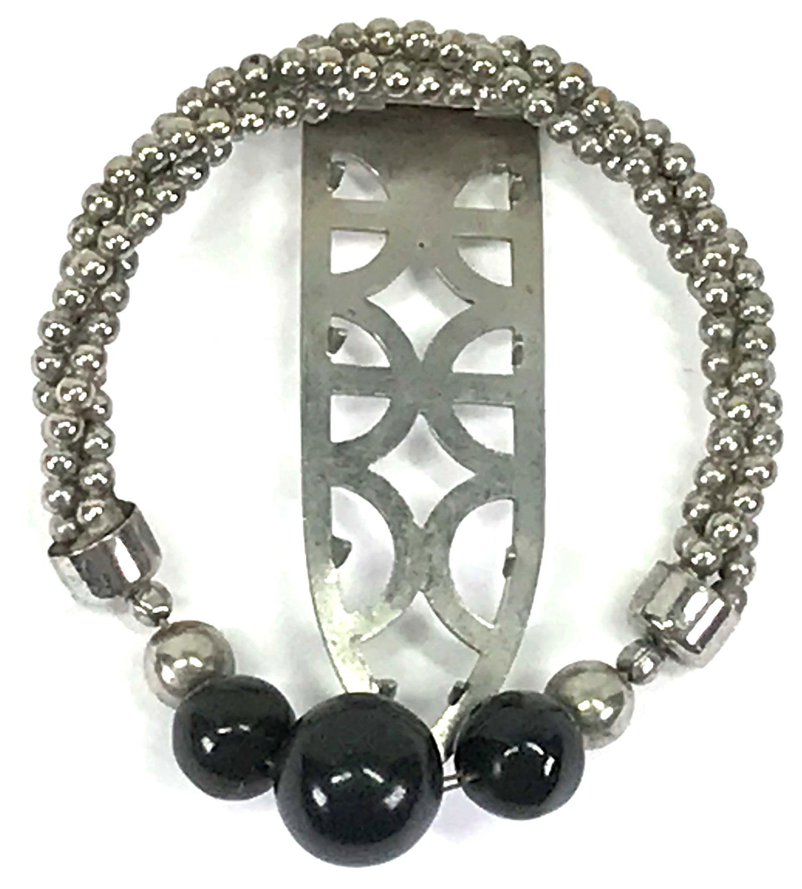 Antique art deco Bengel style bakelite beads silvertone brooch: Antique art deco Bengel style chained black bakelite tested graduated sliding beads silvertone metal twisted balls brooch clip. Unmarked. For measures please refer to the picture taken with a measurin