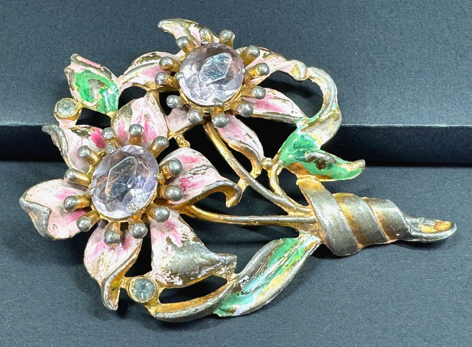 Vintage Frey Gray open back rose crystals enamel flowers bouquet golden pot metal large pin brooch (1 of 7)
