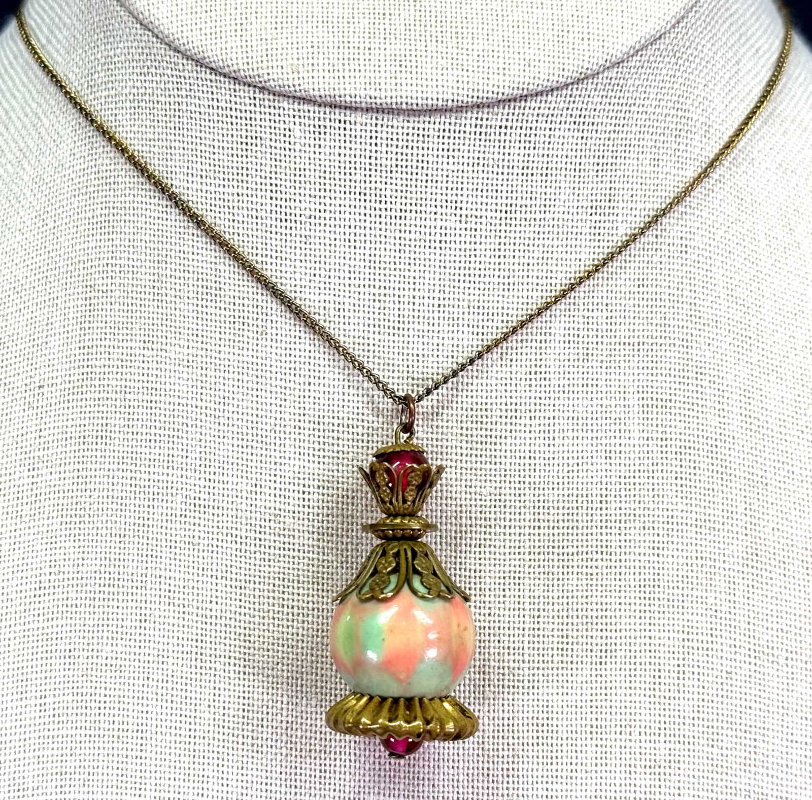 Vintage antique Chinese lantern pendant with chain neclace. Porcelain, red glass, filigree metal (1 of 7)