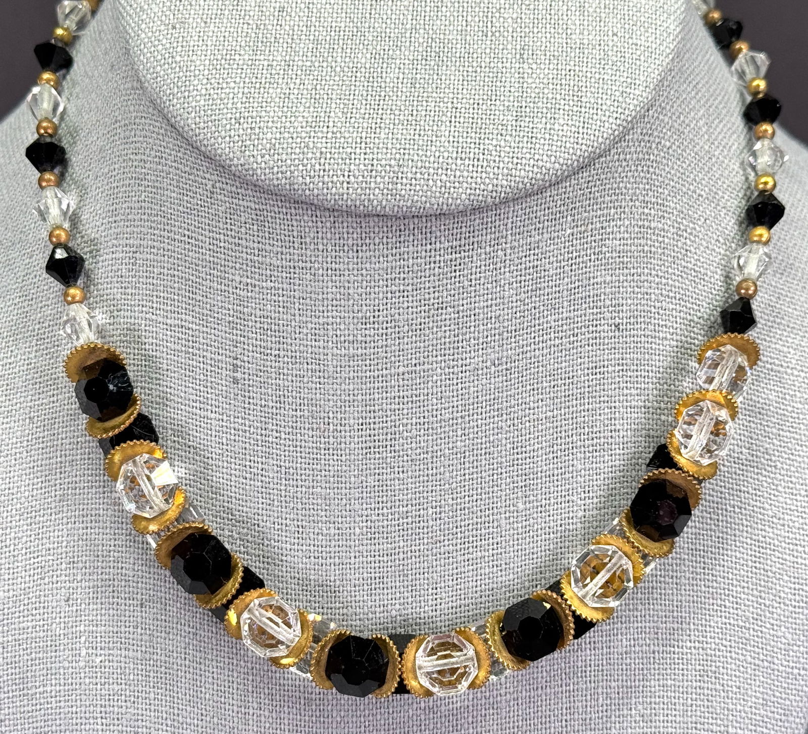 Vintage Czech art deco collar necklace with faceted clear & black crystals and brass gears & beads (1 of 10)