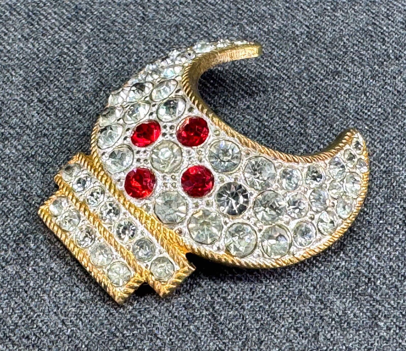 Antique Czech crystals goldtone metal Masonic Shriner crescent moon pin brooch (1 of 7)