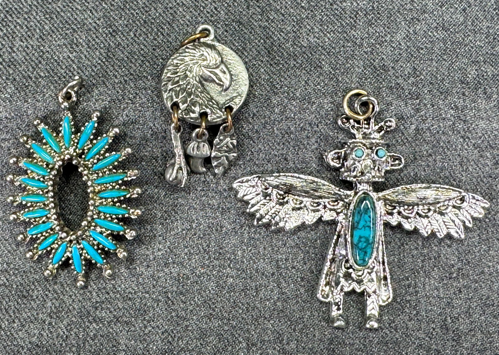 Vintage Southwestern style Eagle with dangles, kachina & petit point silvertone metal pendants (1 of 7)