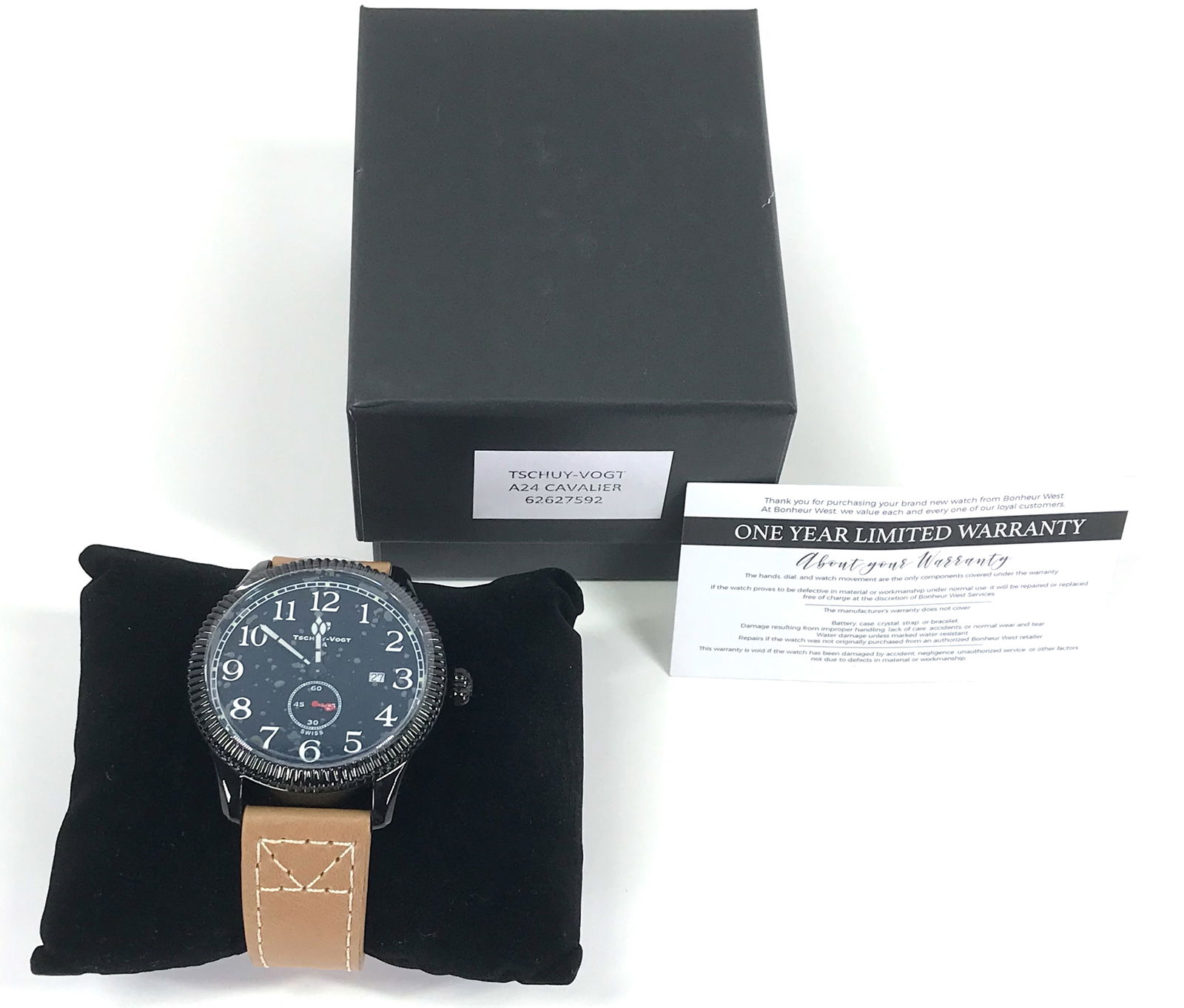 Unused Tschuy-Vogt Cavalier Small Seconds Watch.: Unused Tschuy-Vogt Cavalier Small Seconds Watch. Swiss quartz movement. Stainless Steel case with black coating. Case Size: 45mm. Sapphire crystal. Original leather strap. Original box and expired war