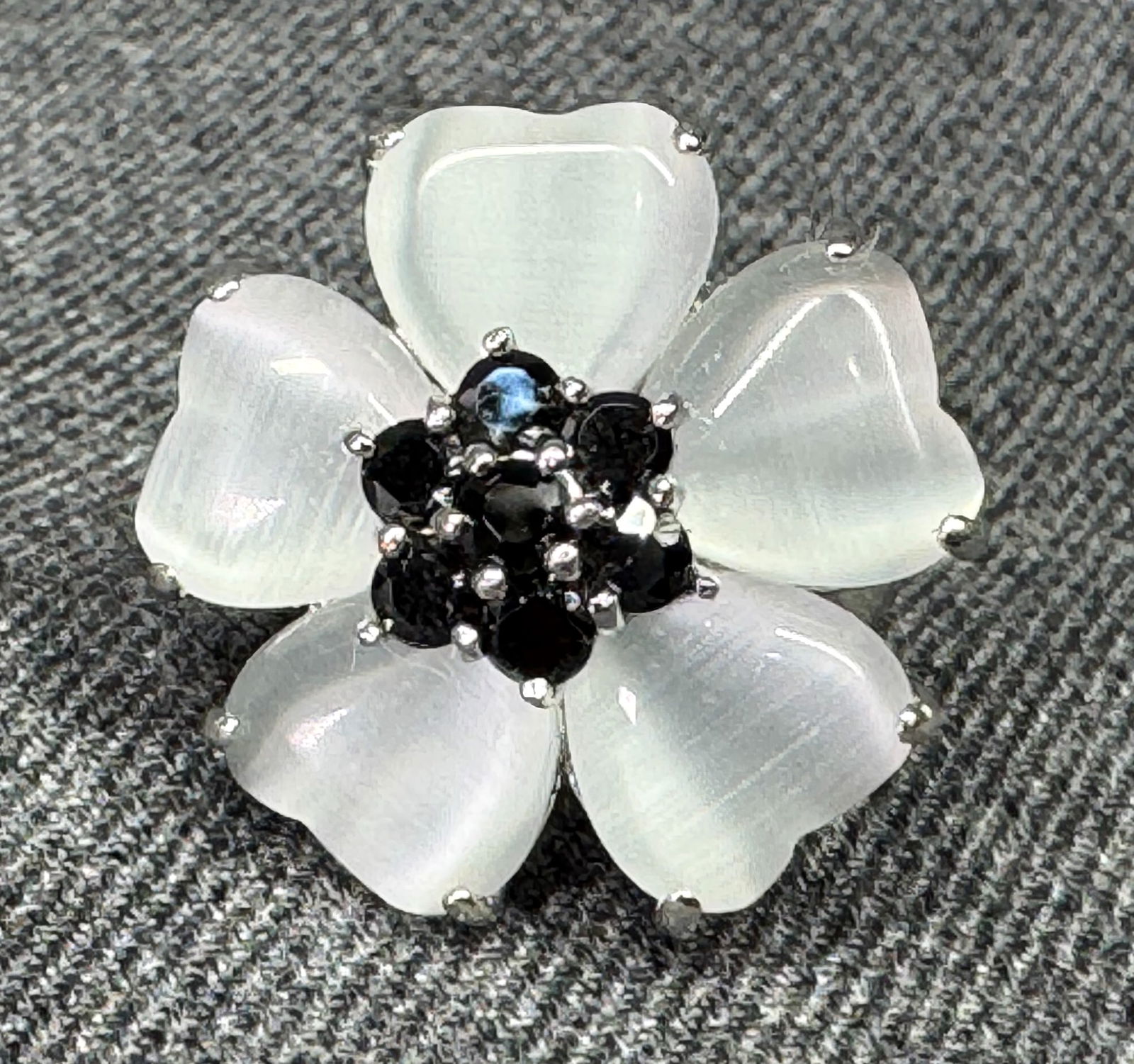 Black crystals and pearly white lucite heart shaped petals sterling silver flower ring (1 of 10)