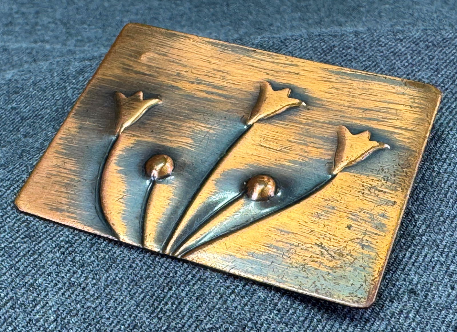 Vintage MCM Francisco Rebajes copper tulips brooch pin: Vintage MCM Francisco Rebajes copper tulips brooch pin. Signed For measures please refer to the pictures taken with a measuring tape. Weight: 22 Grams. IN HOUSE Estimated* SHIPPING & HANDLING COST WIT