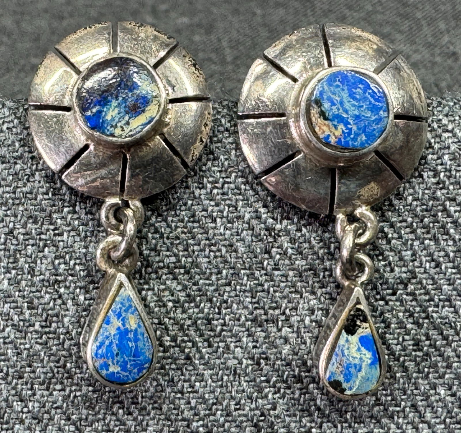 Vintage TE-30 Mexican inlay lapis sterling silver flower with dangle stud earrings. (1 of 7)