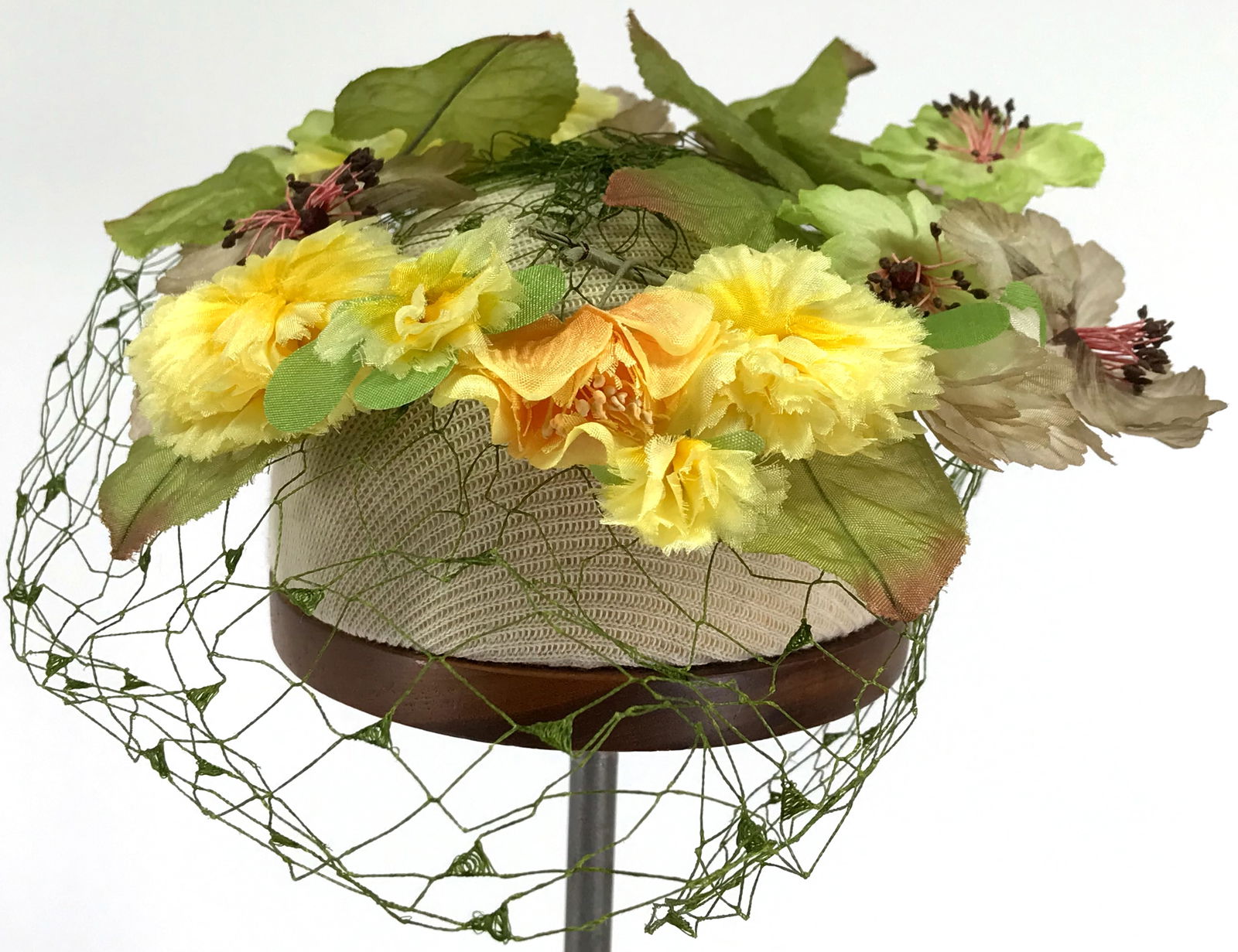 Vintage Fabric Fall Color Flowers & Leaves  Green Net Whimsy Hat. (1 of 8)