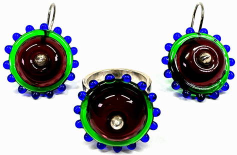 Kristina Logan Glass Flower Sterling Earrings & Ring Set.: Kristina Logan glass flower setting on sterling hook earrings & ring Set. Ring is signed and marked Sterling. Earrings are unmarked. Ring is size 6 1/2. For measures please refer to the picture taken