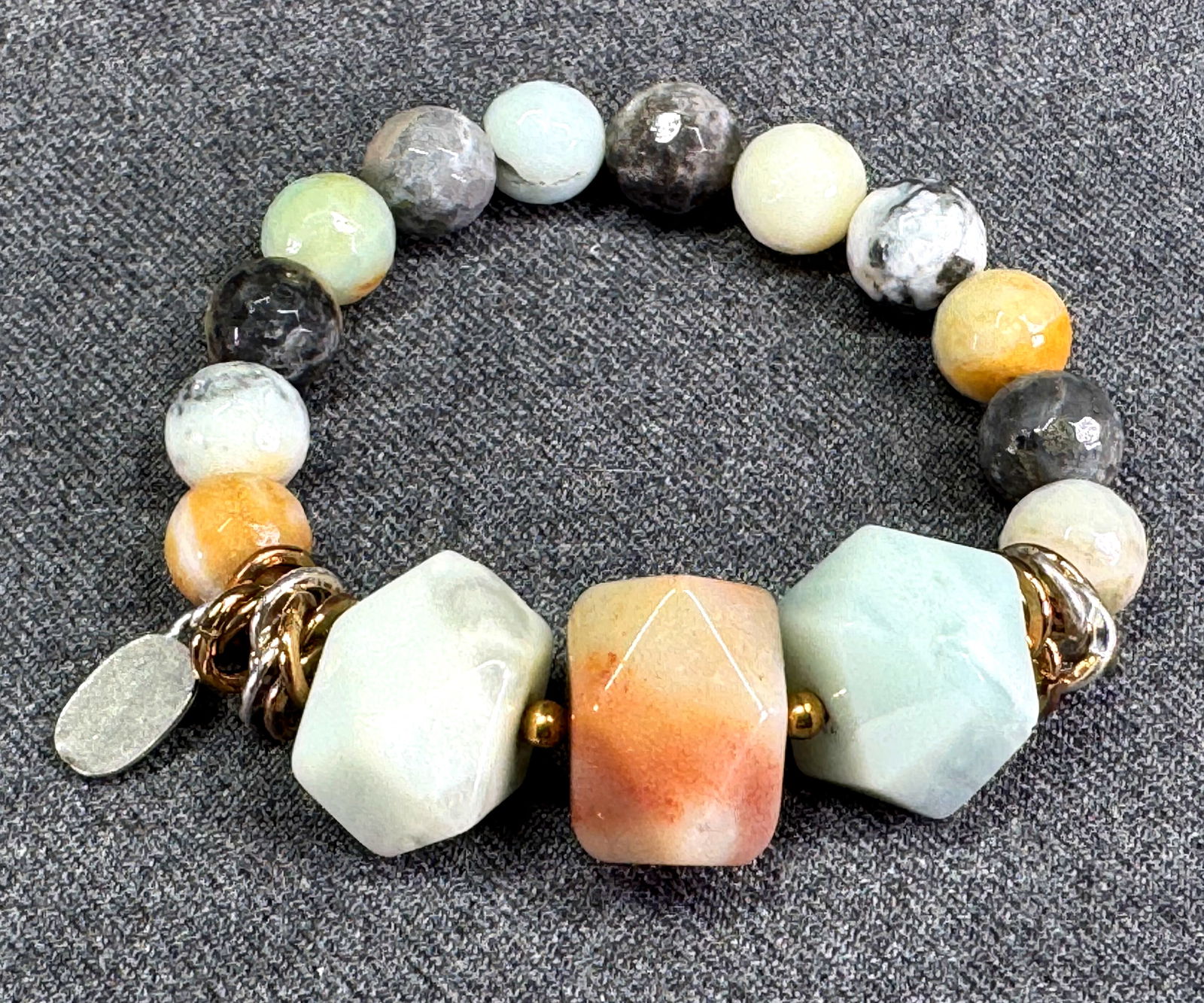 Vintage Julio multi stones & metal beads elastic bracelet. Marked (1 of 7)