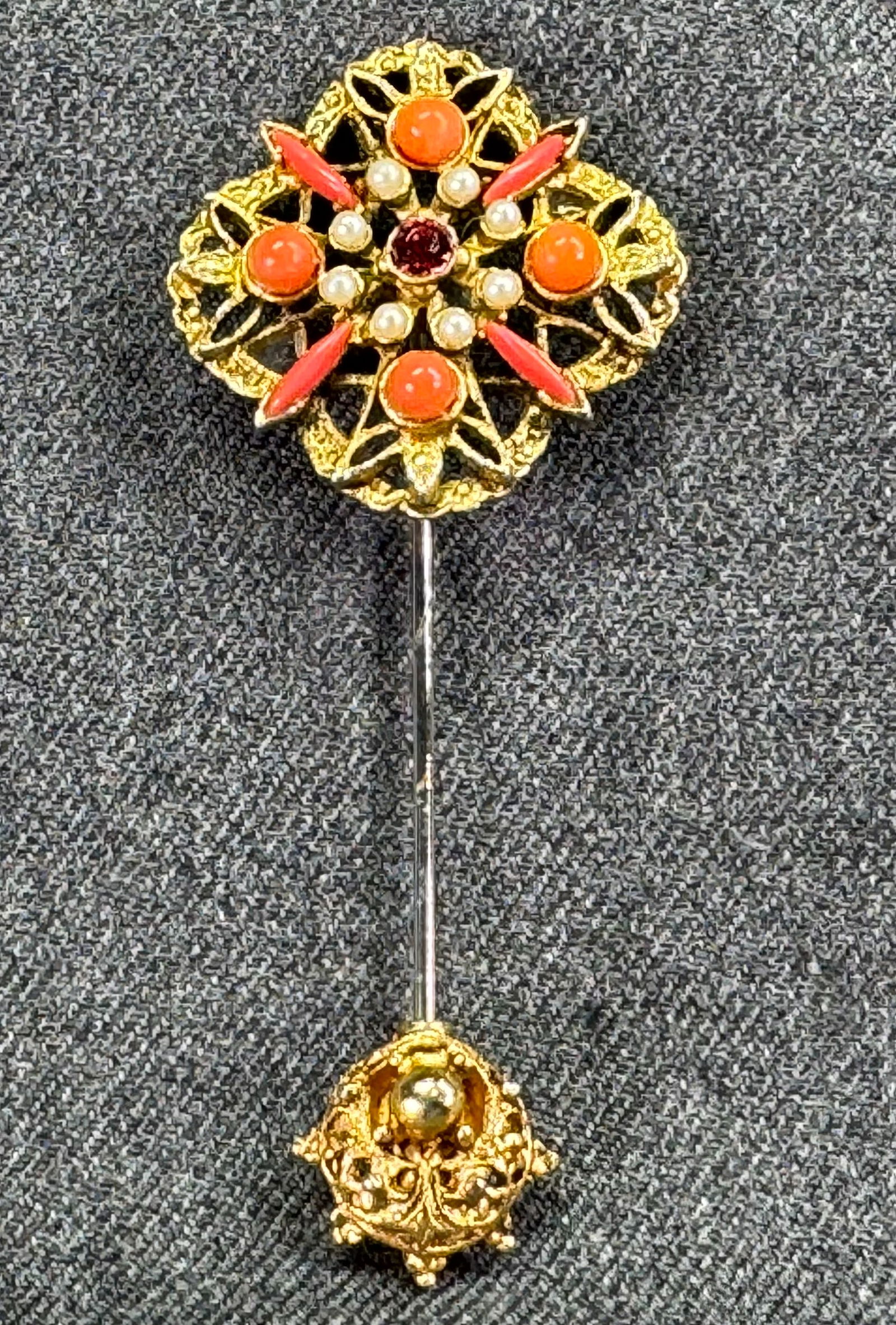 Vintage flower stick pin. Crystals, pearly beads and coral color plastic beads goldtone metal (1 of 6)